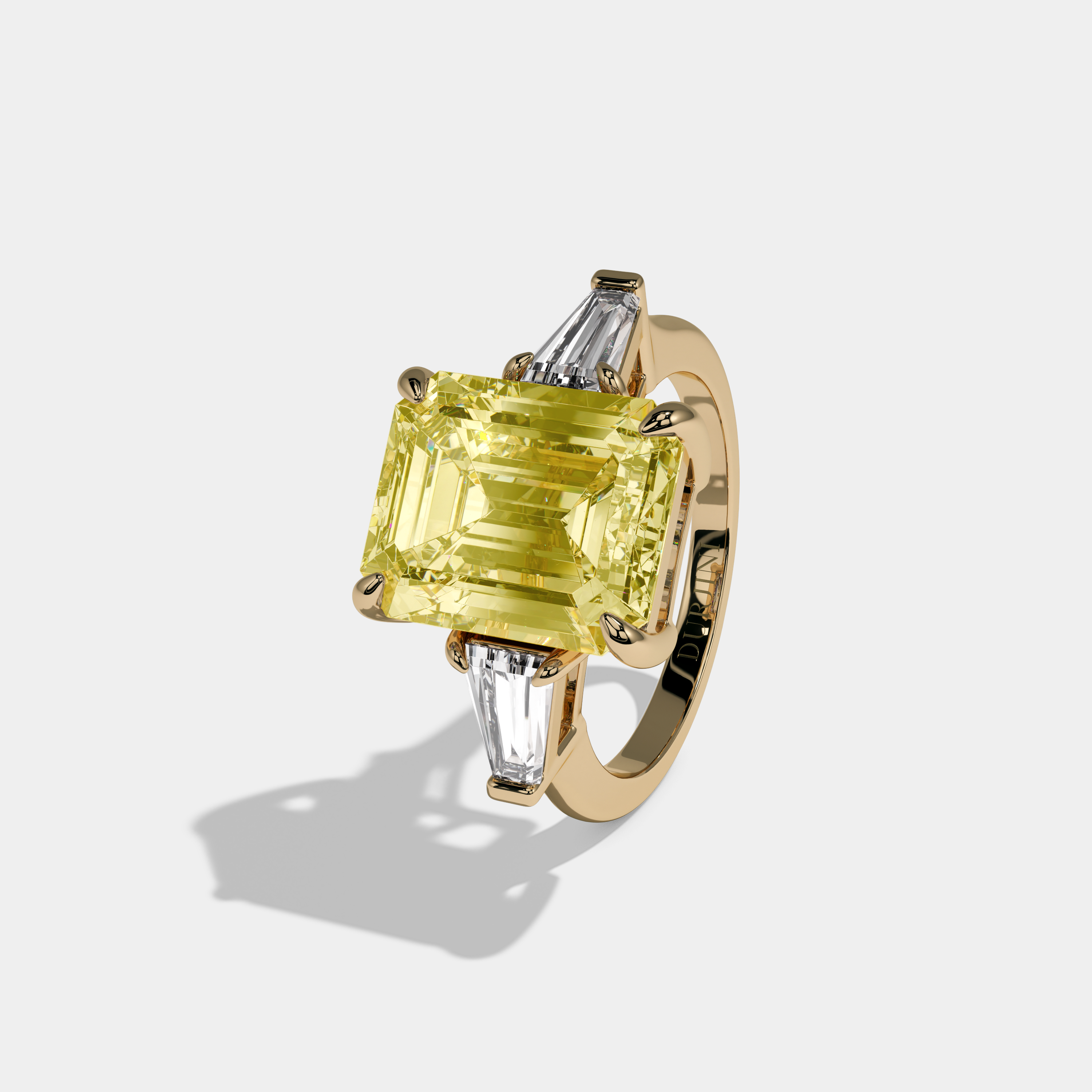 Diana Fancy Yellow Emerald Cut Diamond Plain Band With Tapered Baguette Cut Sides Engagement Ring 8ct 18K Yellow Gold