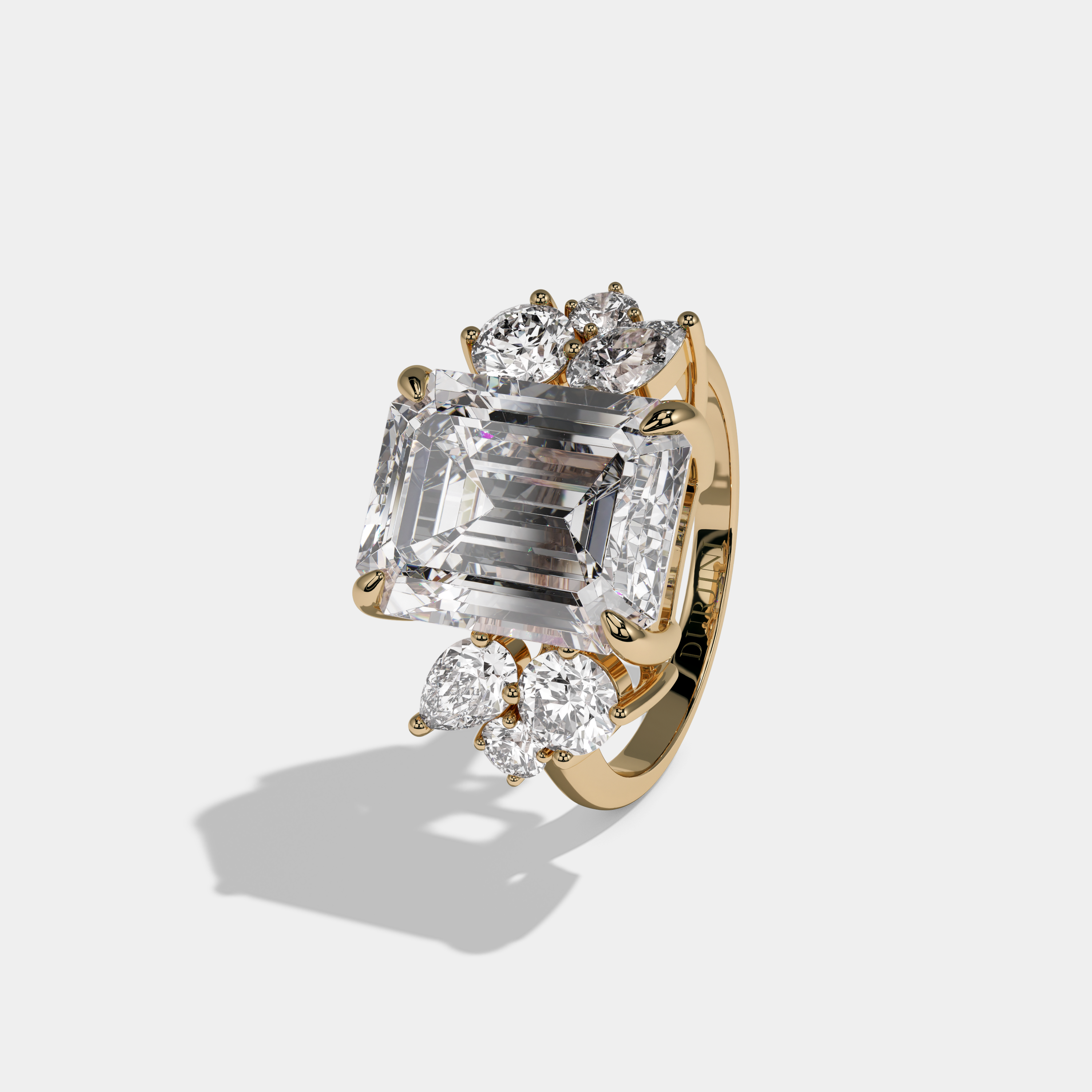 Isabella Emerald Cut Diamond Plain Band With Round Cut Sides Engagement Ring 10ct 18k Yellow Gold