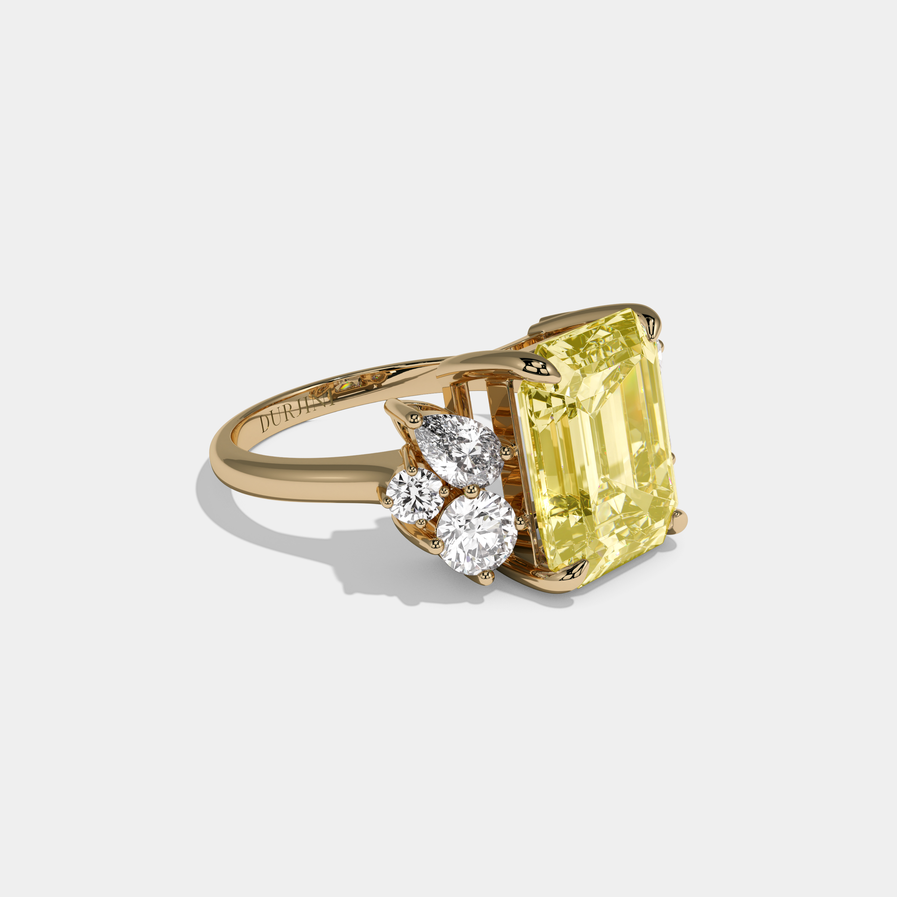 Victoria Fancy Yellow Emerald Cut Diamond Plain Band With Round Cut Sides Engagement Ring 10ct 18K Yellow Gold