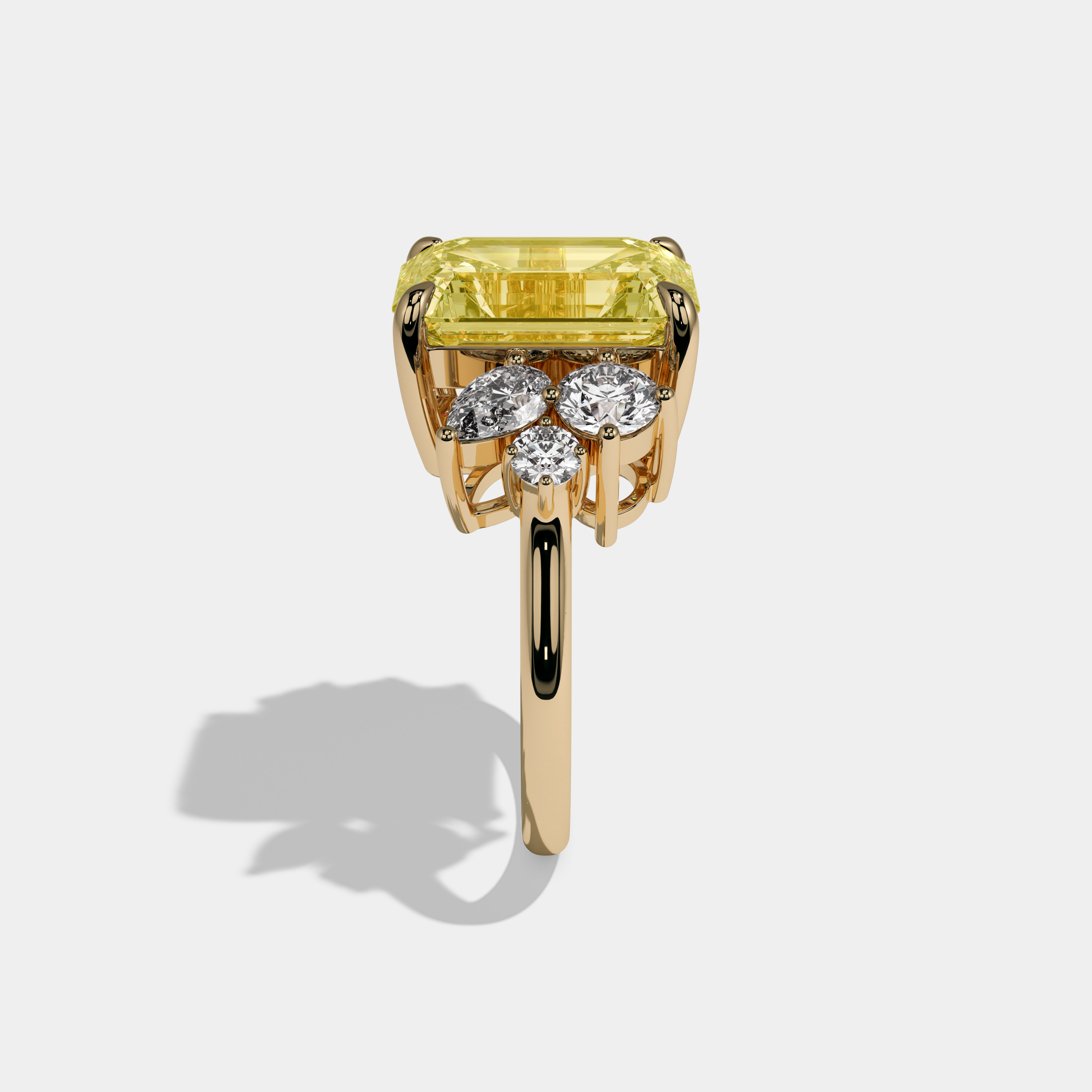 Victoria Fancy Yellow Emerald Cut Diamond Plain Band With Round Cut Sides Engagement Ring 10ct 18K Yellow Gold