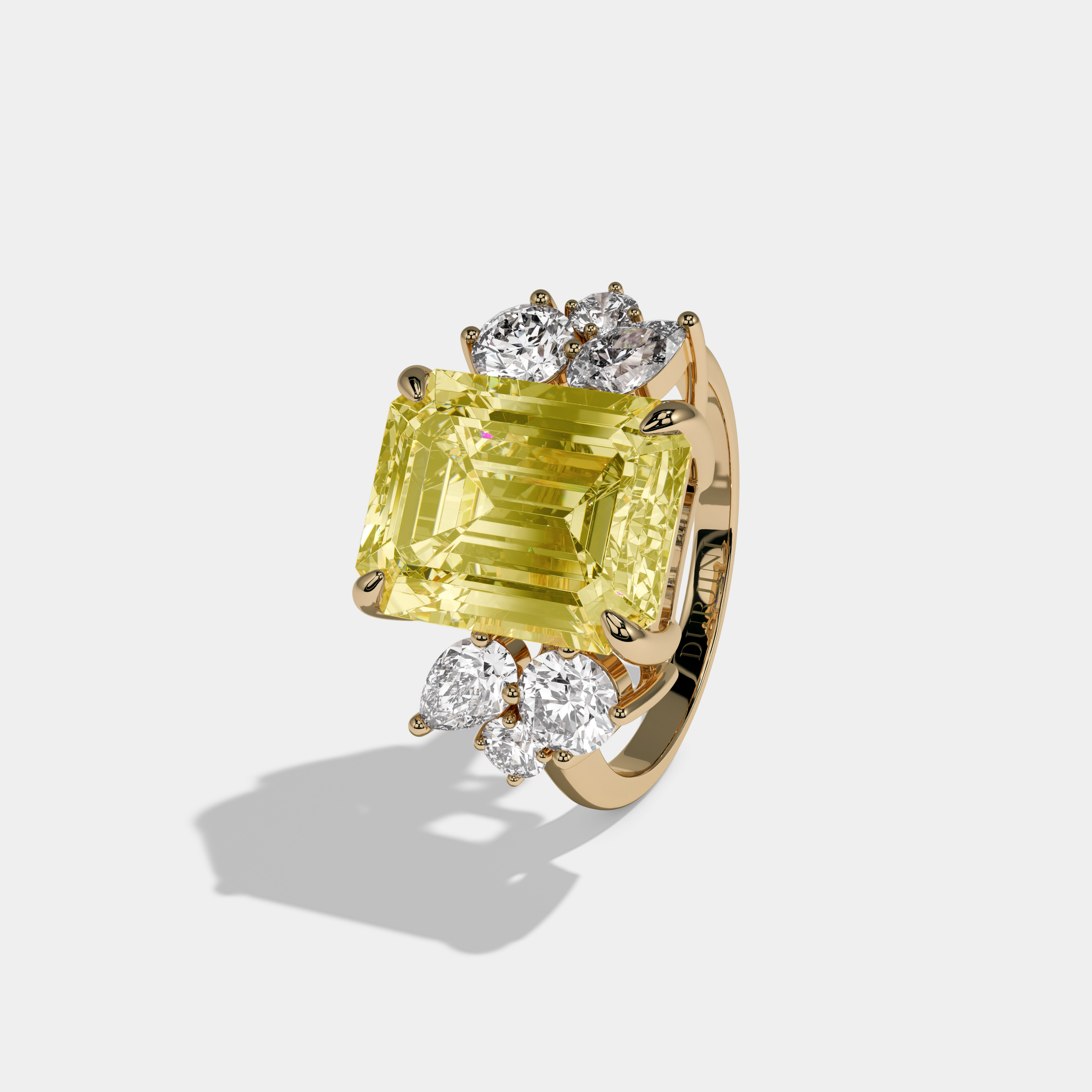 Victoria Fancy Yellow Emerald Cut Diamond Plain Band With Round Cut Sides Engagement Ring 10ct 18K Yellow Gold