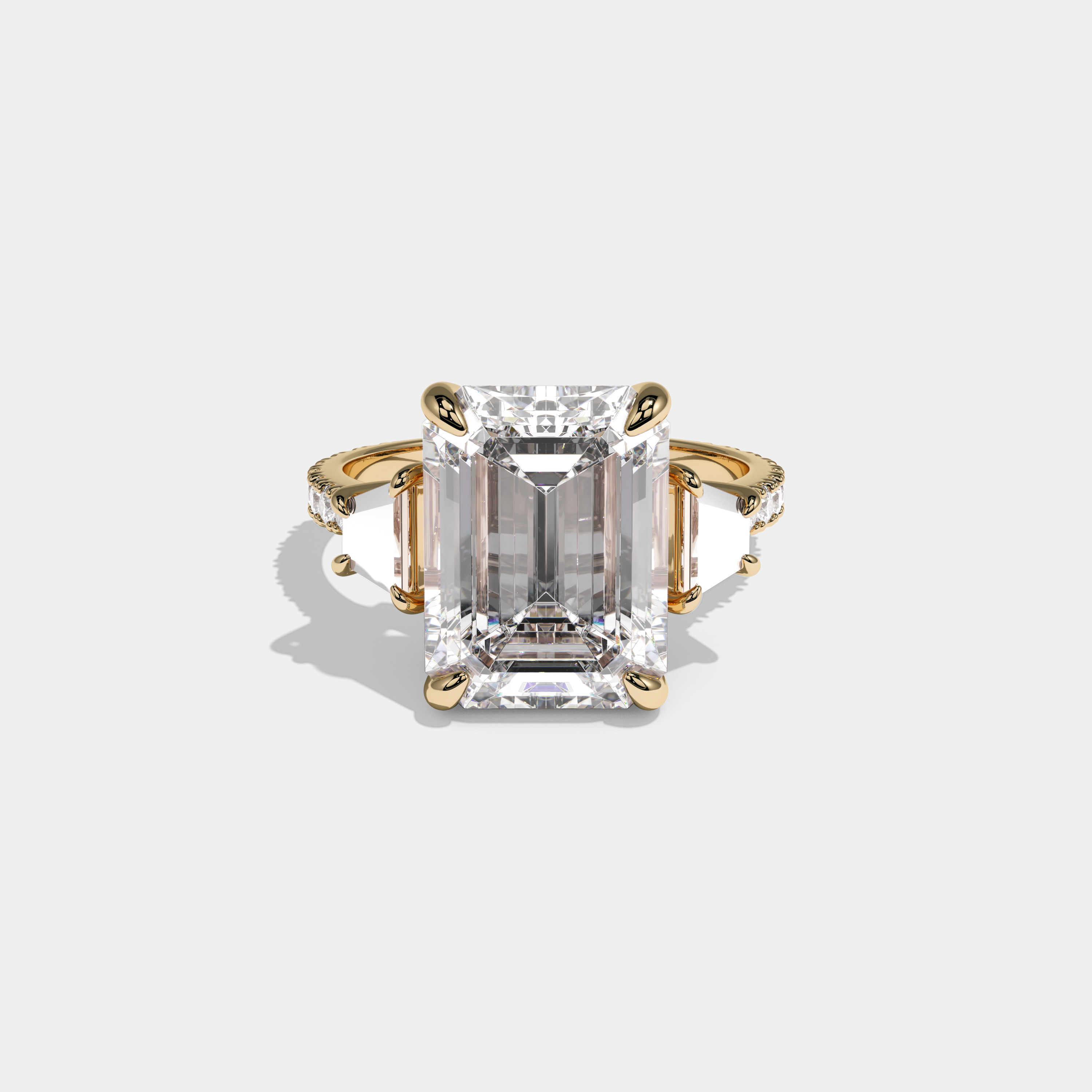 Catherine Emerald Cut Diamond With Trapezoid Cut Sides and Diamond Band Engagement Ring 10ct 18k Yellow Gold