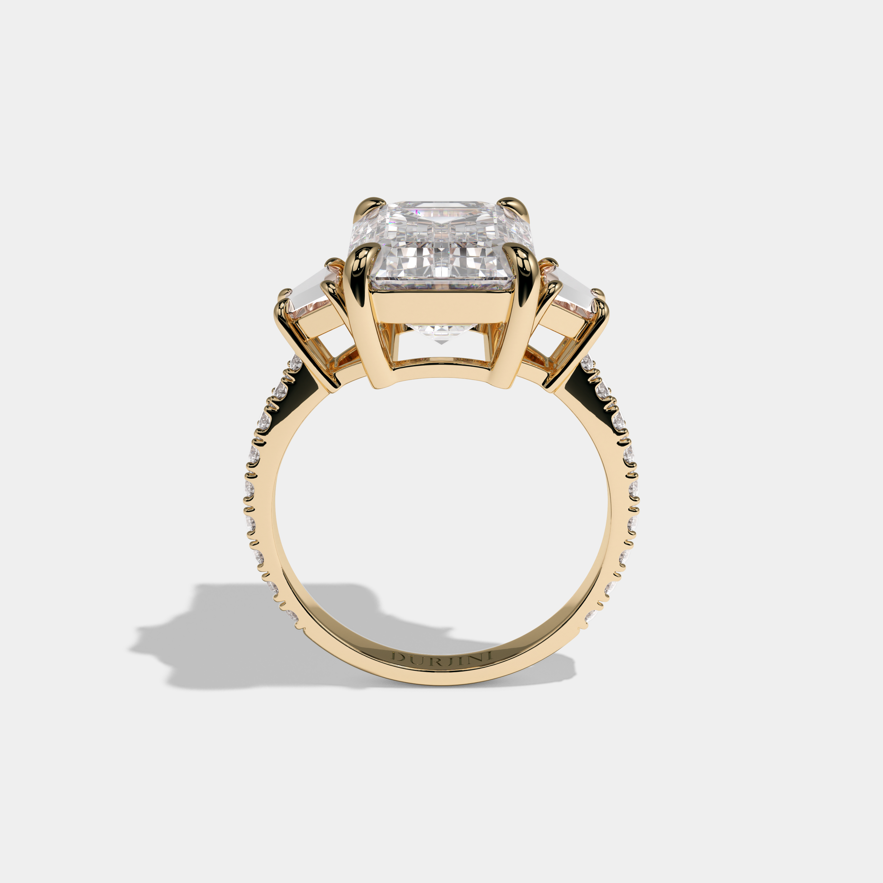 Catherine Emerald Cut Diamond With Trapezoid Cut Sides and Diamond Band Engagement Ring 10ct 18k Yellow Gold