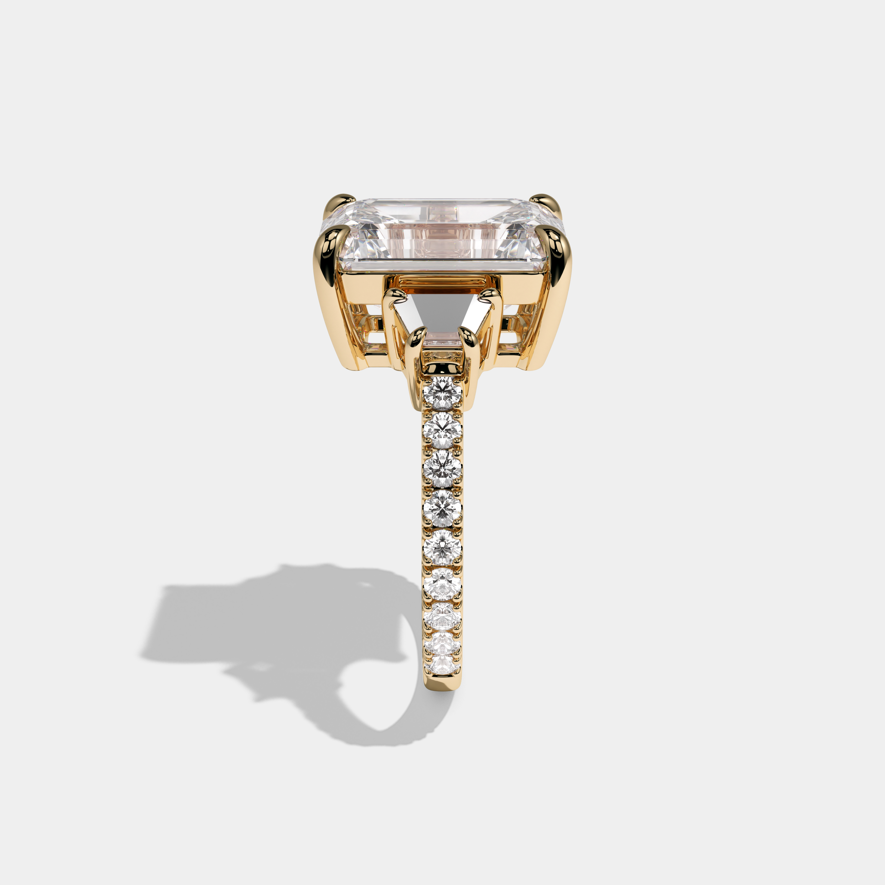 Catherine Emerald Cut Diamond With Trapezoid Cut Sides and Diamond Band Engagement Ring 10ct 18k Yellow Gold