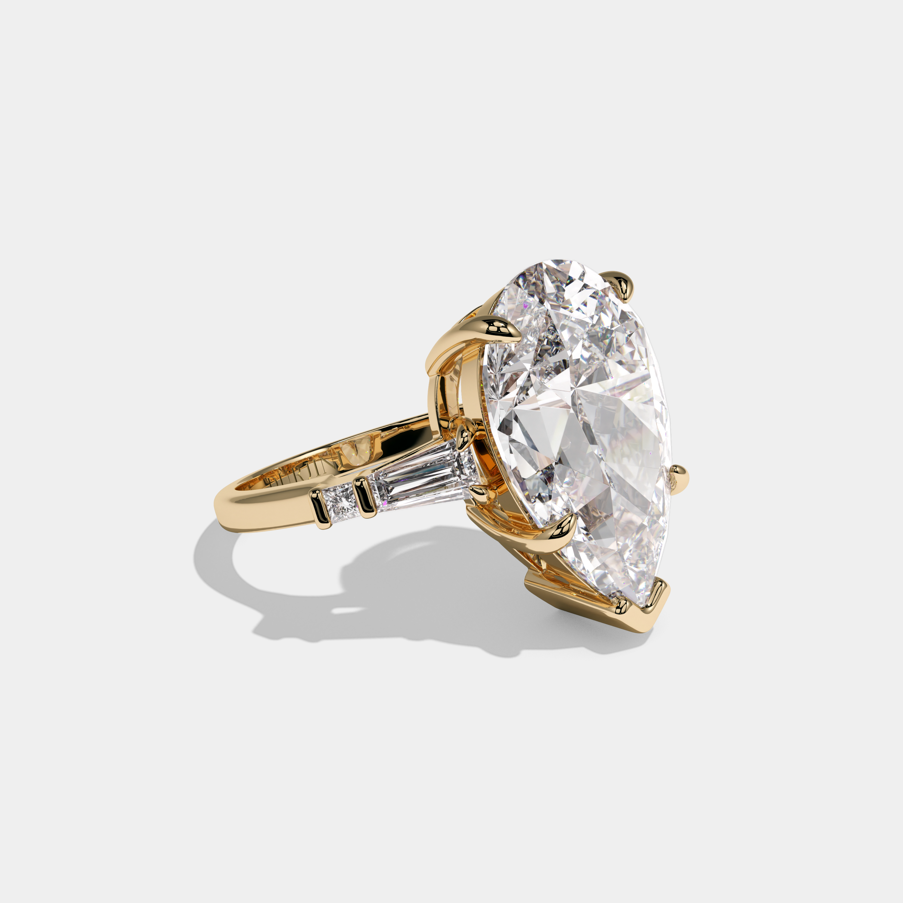 Arabella Pear Cut Diamond Plain Band With Baguette Side Engagement Ring 10ct 18k Yellow Gold
