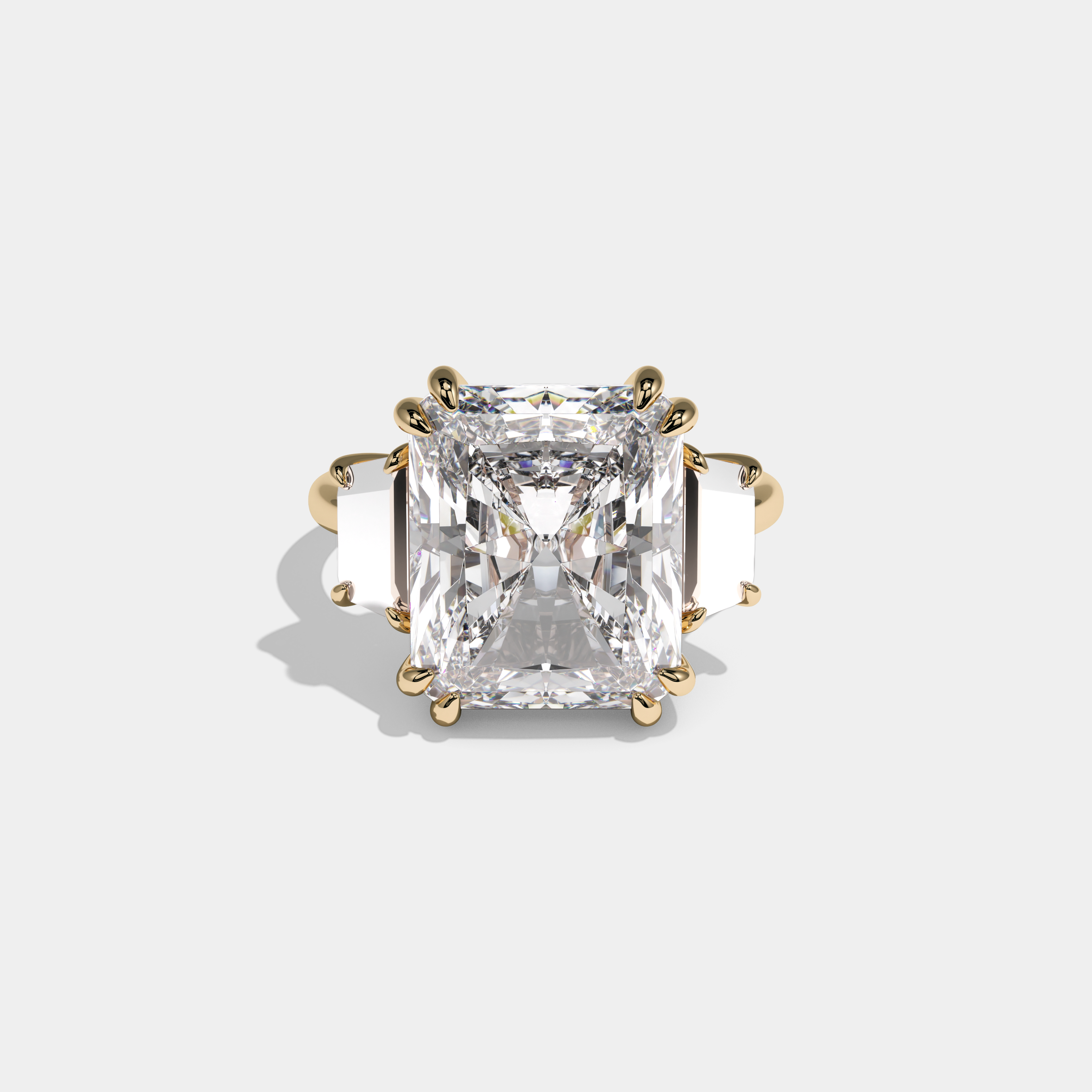 Alexandra Radiant Cut Diamond Halo Plain Band With Trapezoid Side Diamond Engagement Ring 10ct 18k Yellow Gold