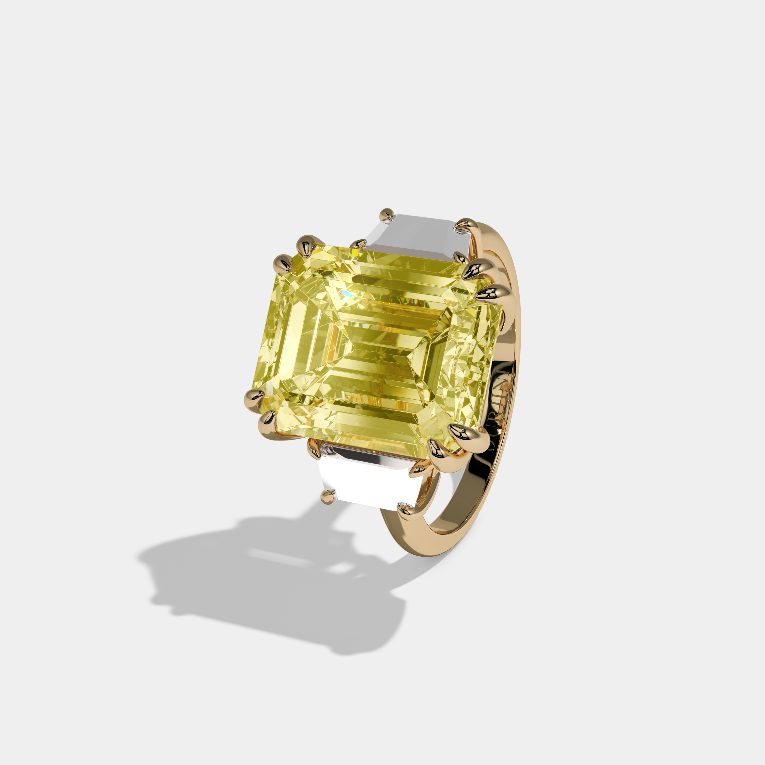 Elizabeth Fancy Yellow Emerald Cut Diamond Plain Band With Step Cut Sides Engagement Ring 8ct 18K Yellow Gold