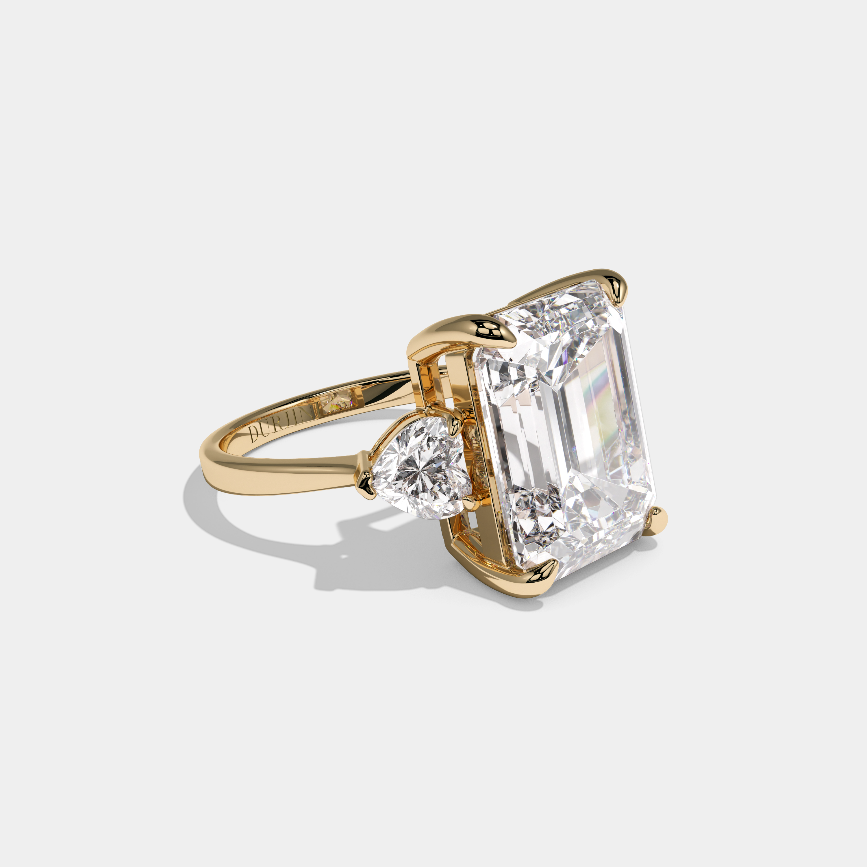 Elizabeth Emerald Cut Diamond Halo Plain Band With Heart Side Engagement Ring 10ct 18k Yellow Gold