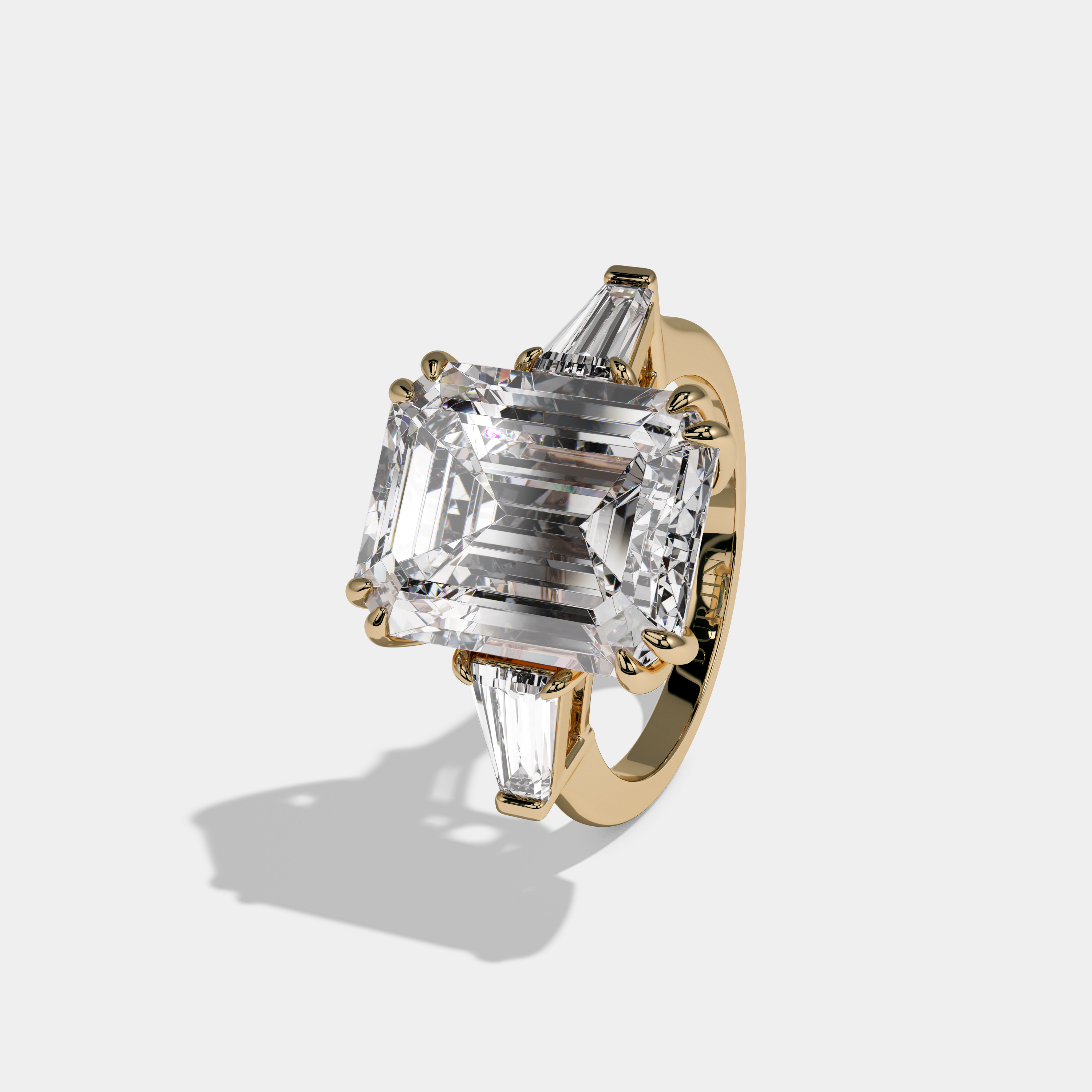 Catherine Emerald Cut Diamond Plain Band With Baguette Cut Sides Engagement Ring 10ct 18k Yellow Gold