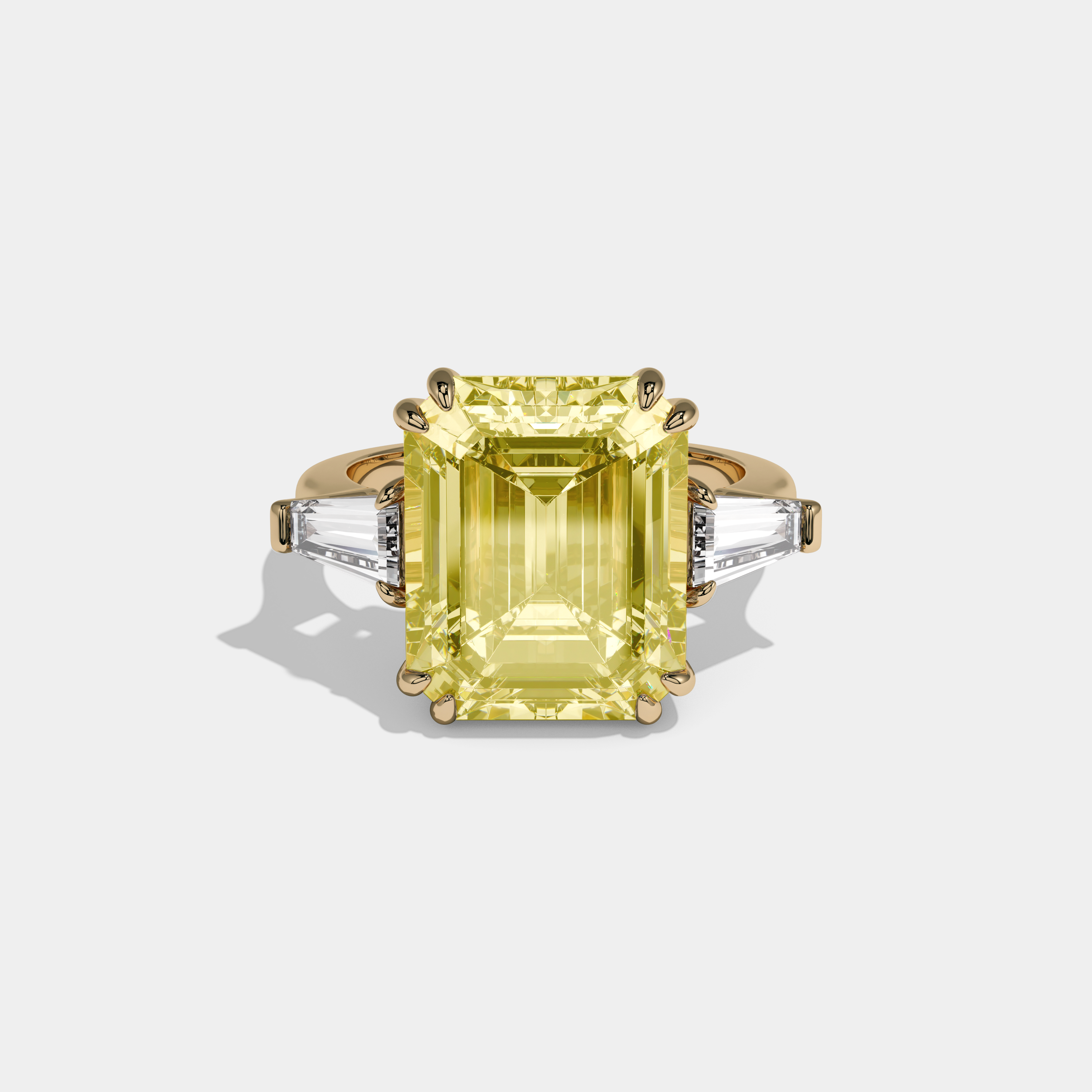Charlotte Fancy Yellow Emerald Cut Diamond Plain Band With Baguette Cut Sides Engagement Ring 10ct 18K Yellow Gold