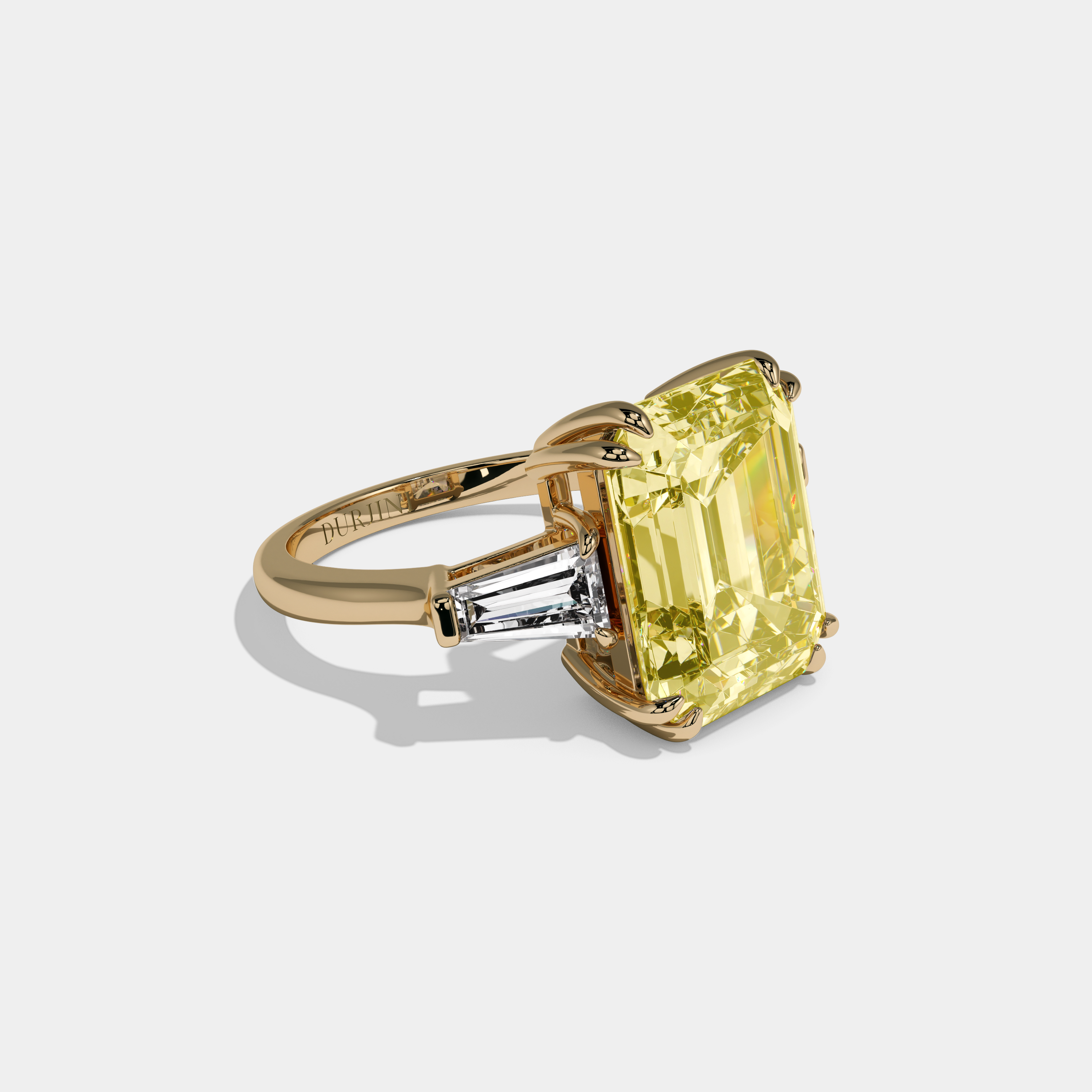 Charlotte Fancy Yellow Emerald Cut Diamond Plain Band With Baguette Cut Sides Engagement Ring 10ct 18K Yellow Gold