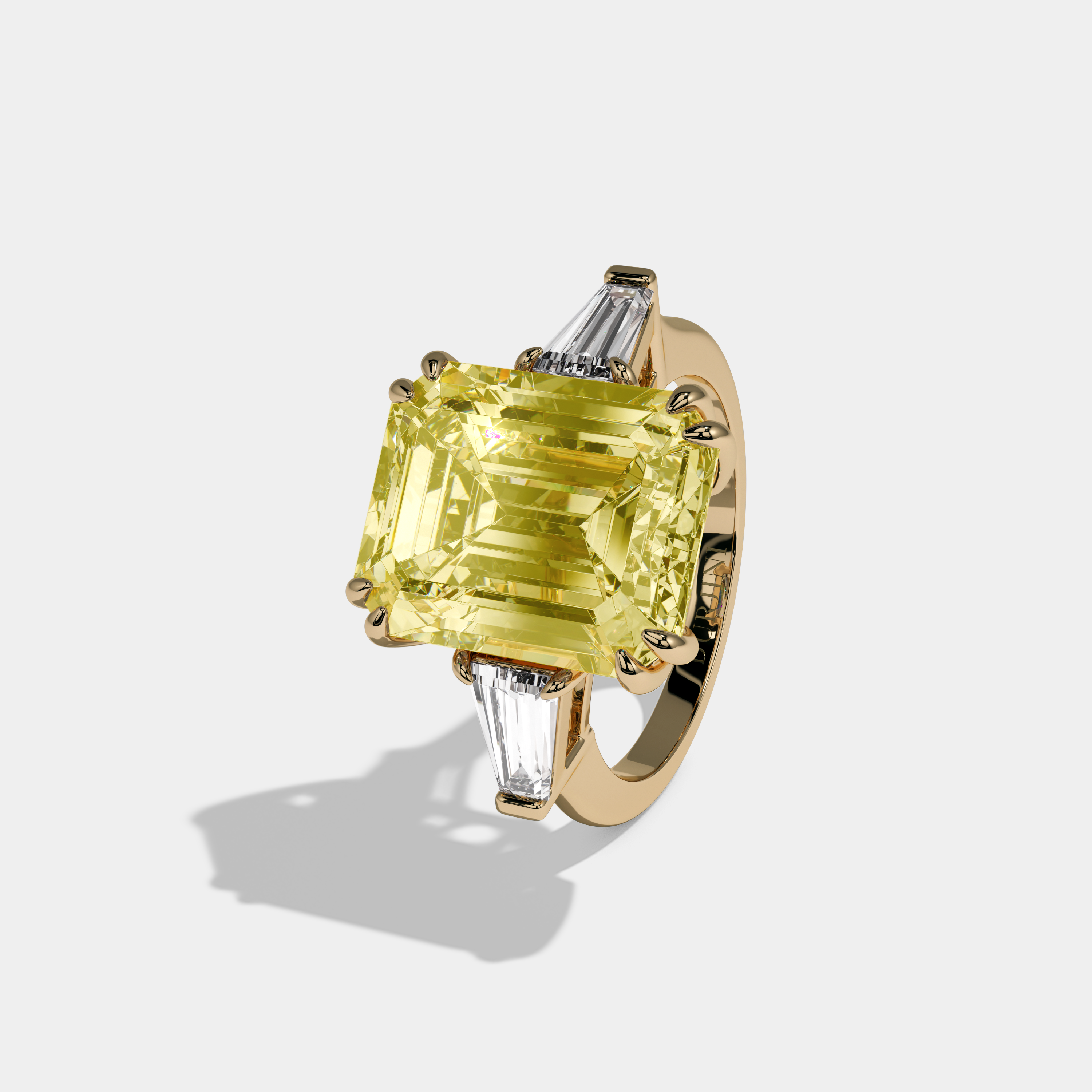 Charlotte Fancy Yellow Emerald Cut Diamond Plain Band With Baguette Cut Sides Engagement Ring 10ct 18K Yellow Gold