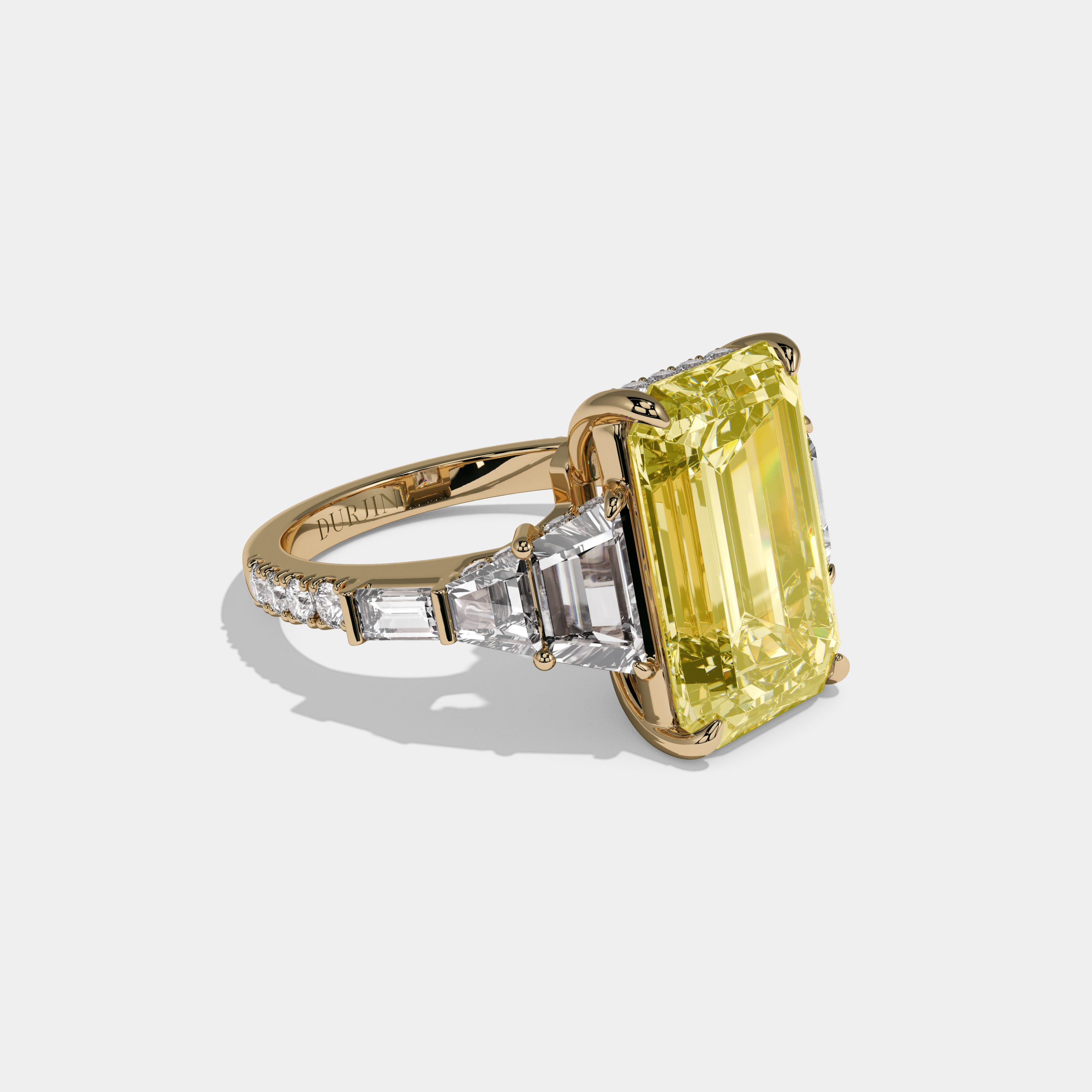 Catherine Fancy Yellow Emerald Cut Diamond Plain Band With Step Cut Sides Engagement Ring 10ct 18k Yellow Gold