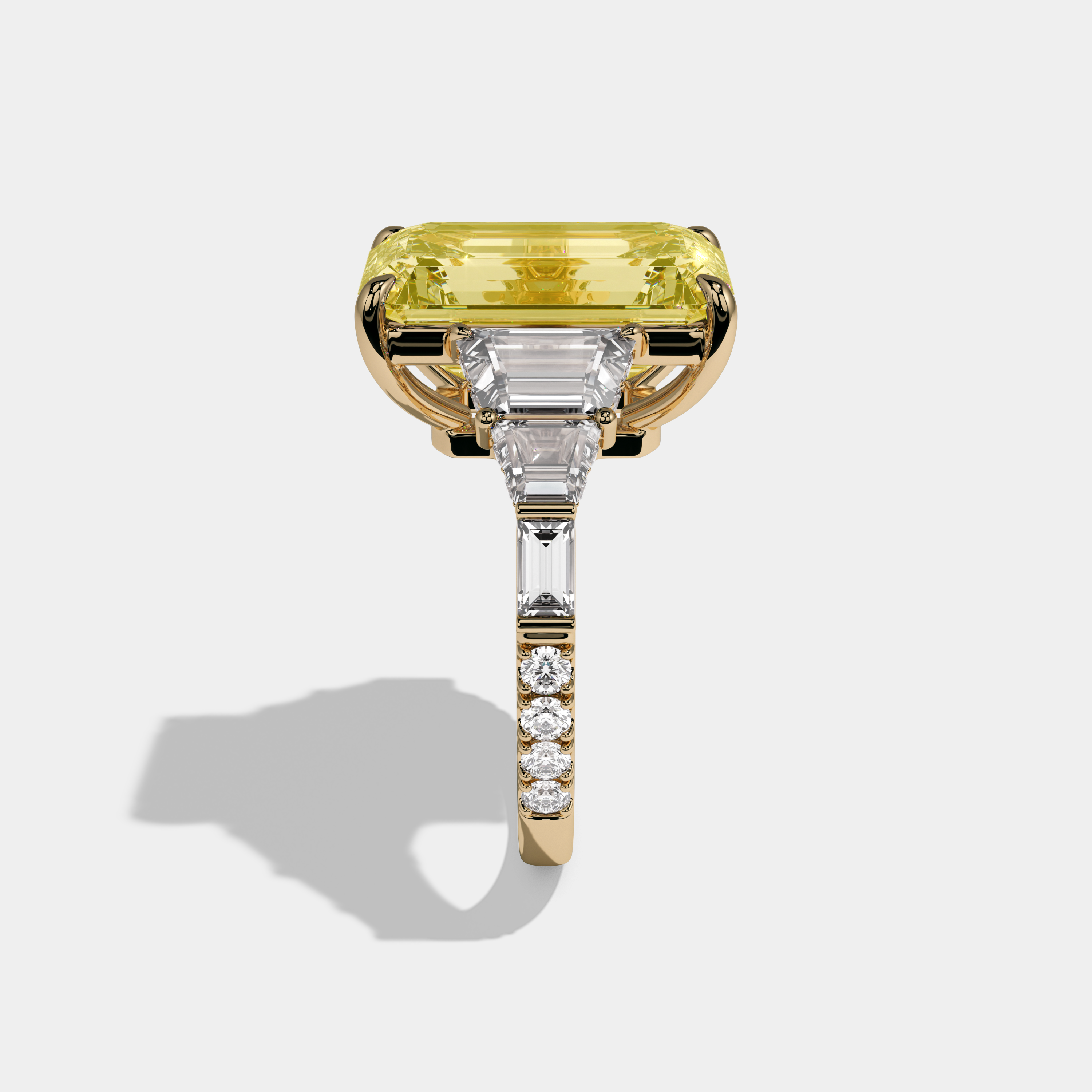 Catherine Fancy Yellow Emerald Cut Diamond Plain Band With Step Cut Sides Engagement Ring 10ct 18k Yellow Gold