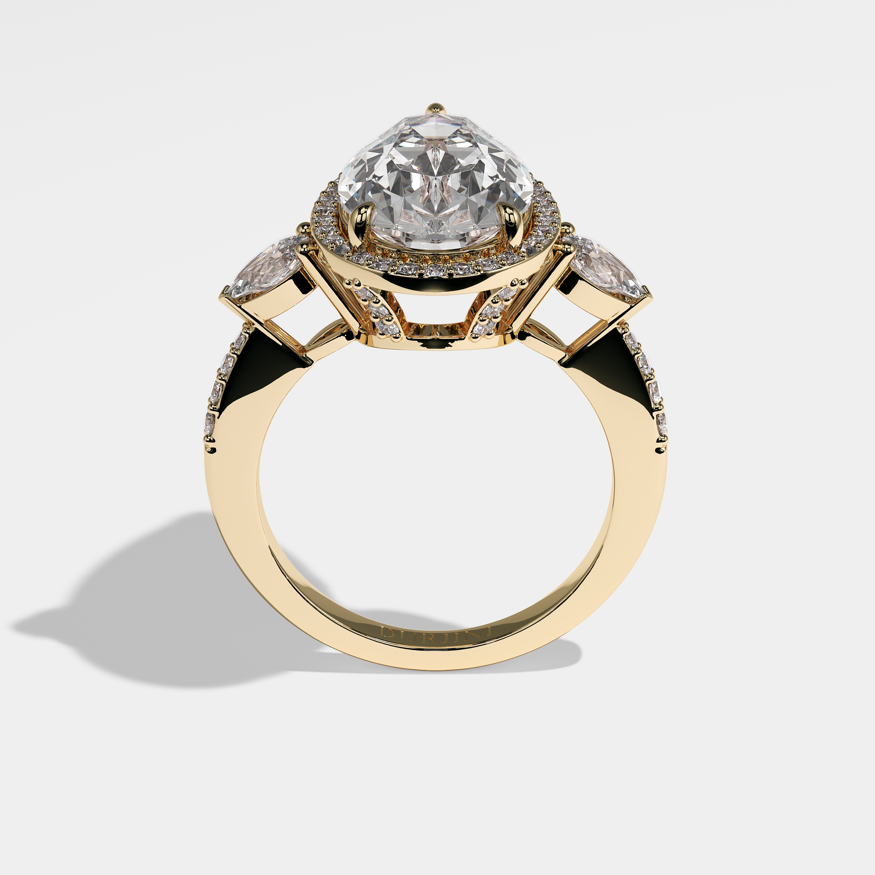 Sienna pear halo diamond engagement ring in 18K yellow gold by Kurbãni Durjini, full view