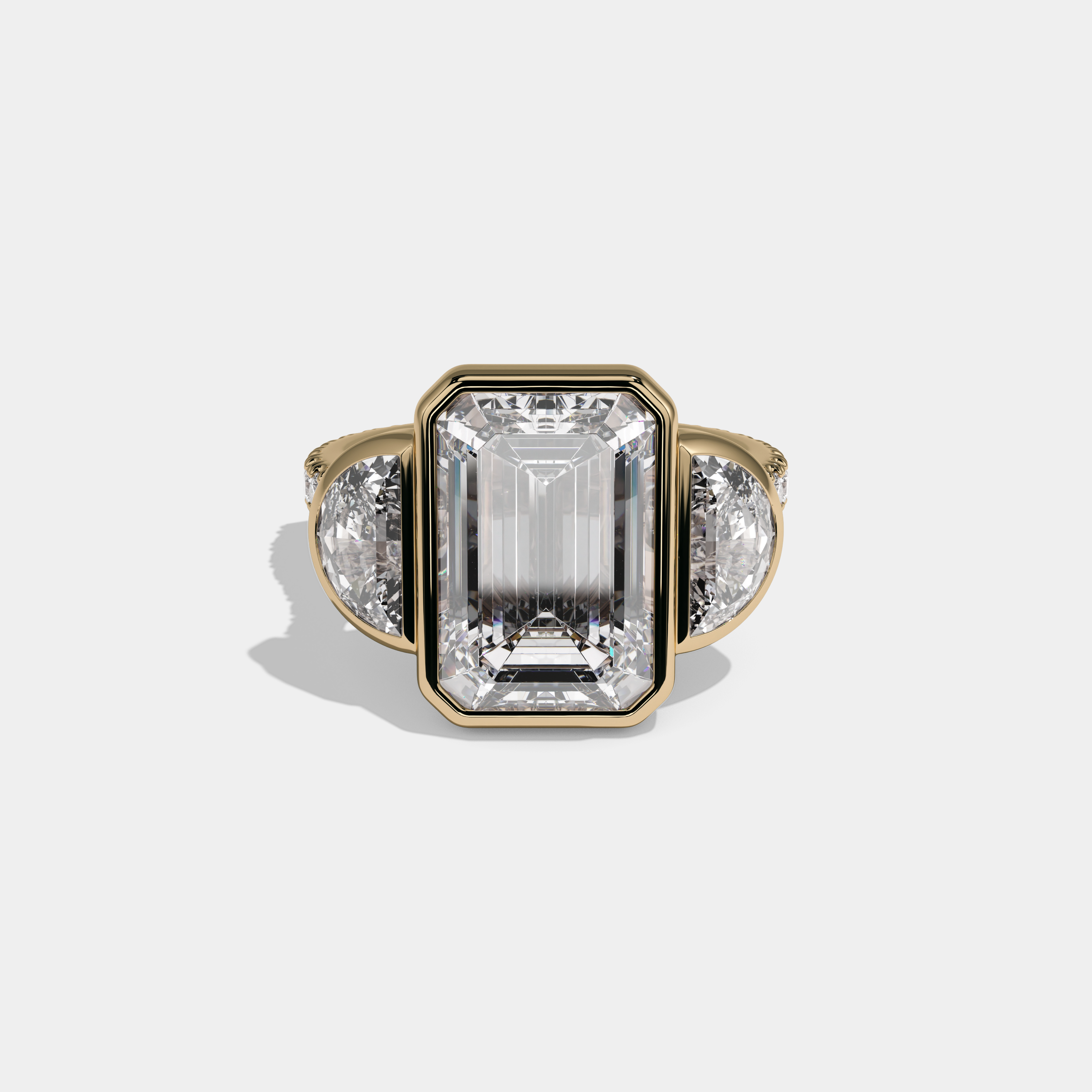 Charlotte Emerald Cut Diamond Bezel Band With Half Moon Halo Sides Engagement Ring 10ct 18k Yellow Gold