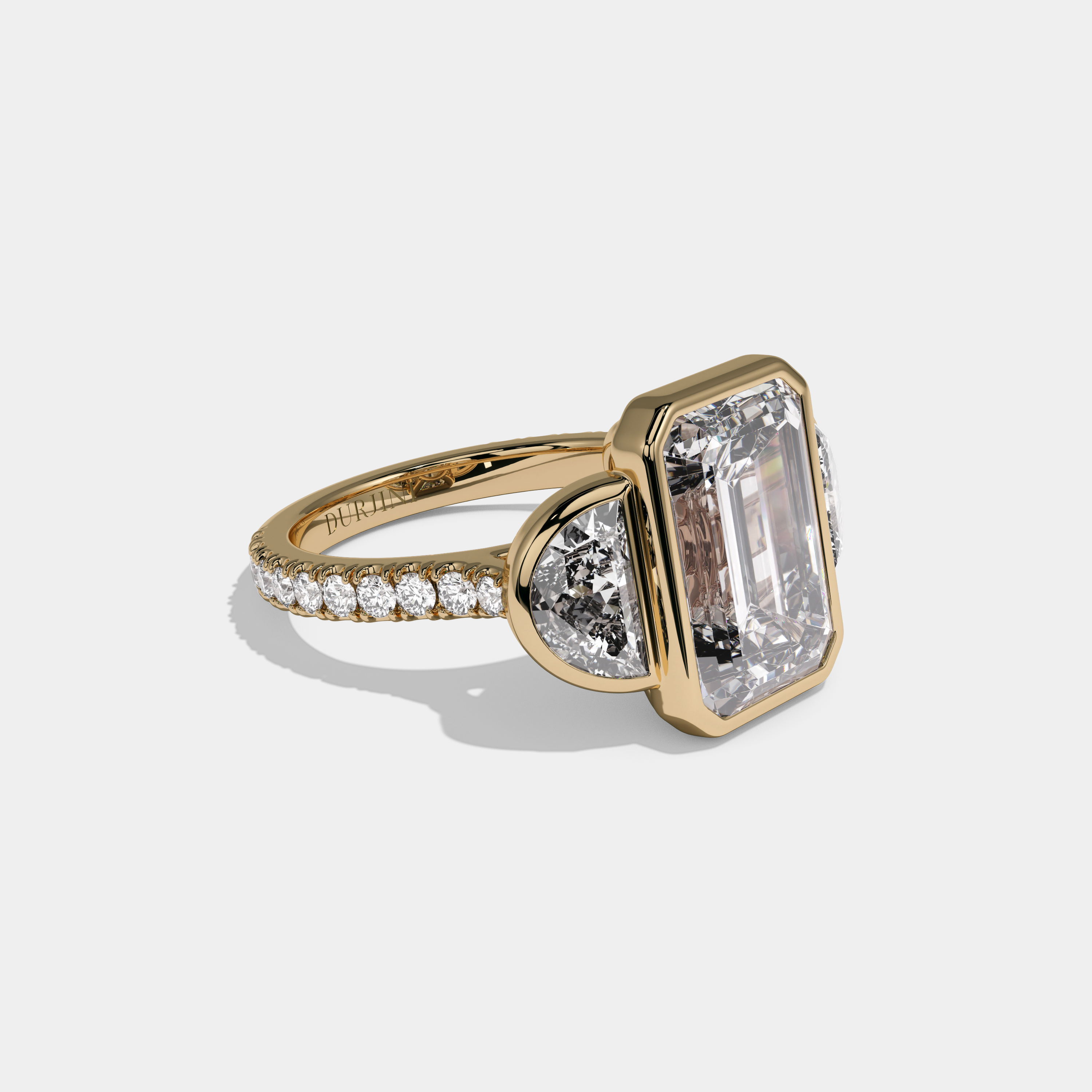 Charlotte Emerald Cut Diamond Bezel Band With Half Moon Halo Sides Engagement Ring 10ct 18k Yellow Gold