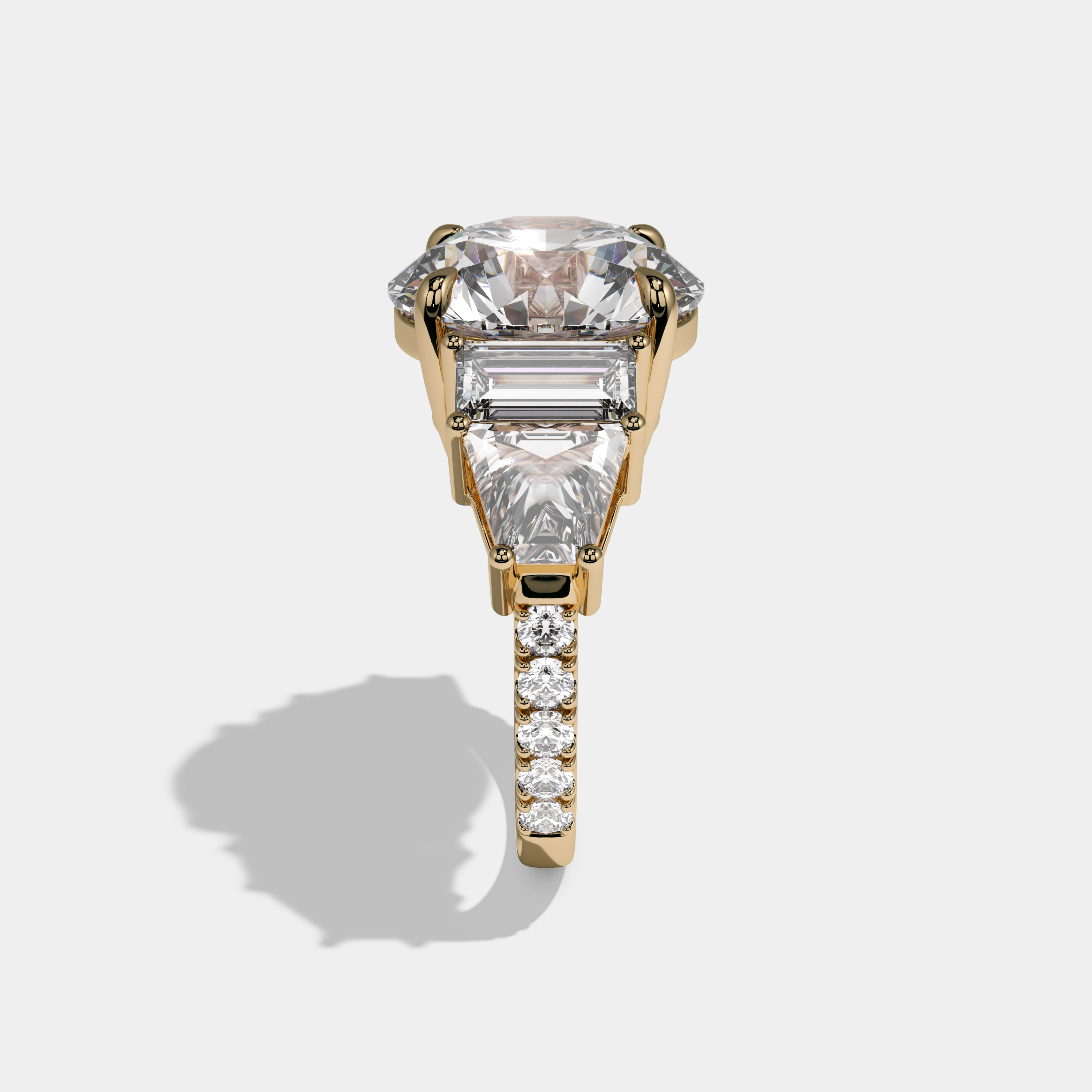 Elizabeth Round Brilliant Cut Diamond Halo With Baguette Sides Engagement Ring 10ct 18k Yellow Gold