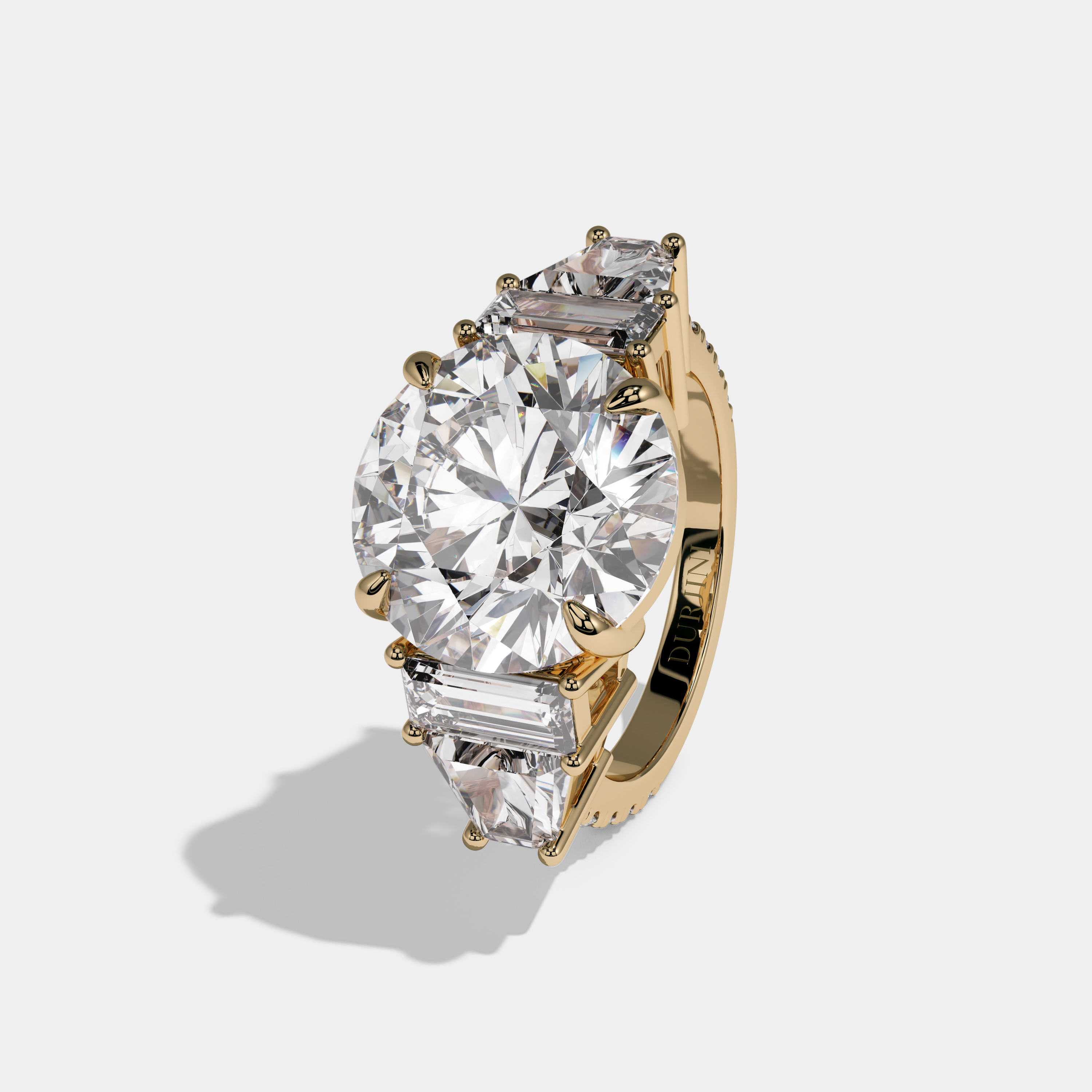 Elizabeth Round Brilliant Cut Diamond Halo With Baguette Sides Engagement Ring 10ct 18k Yellow Gold
