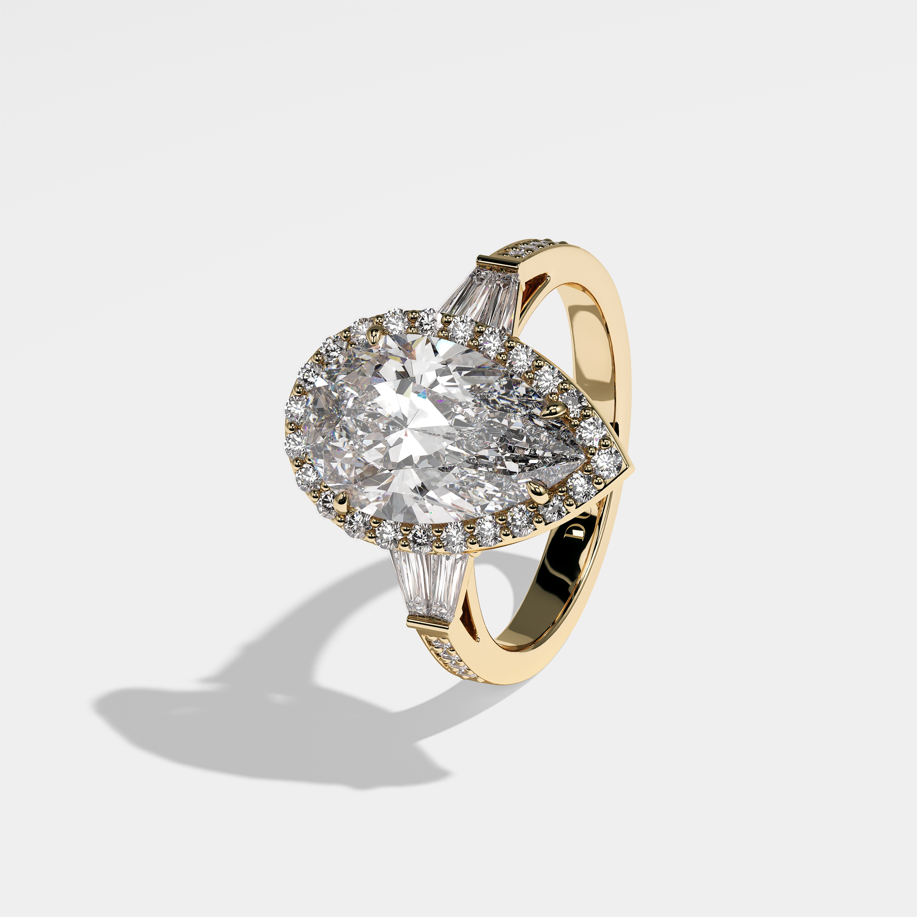Randy pear halo diamond engagement ring in 18K yellow gold by Kurbãni Durjini, left view
