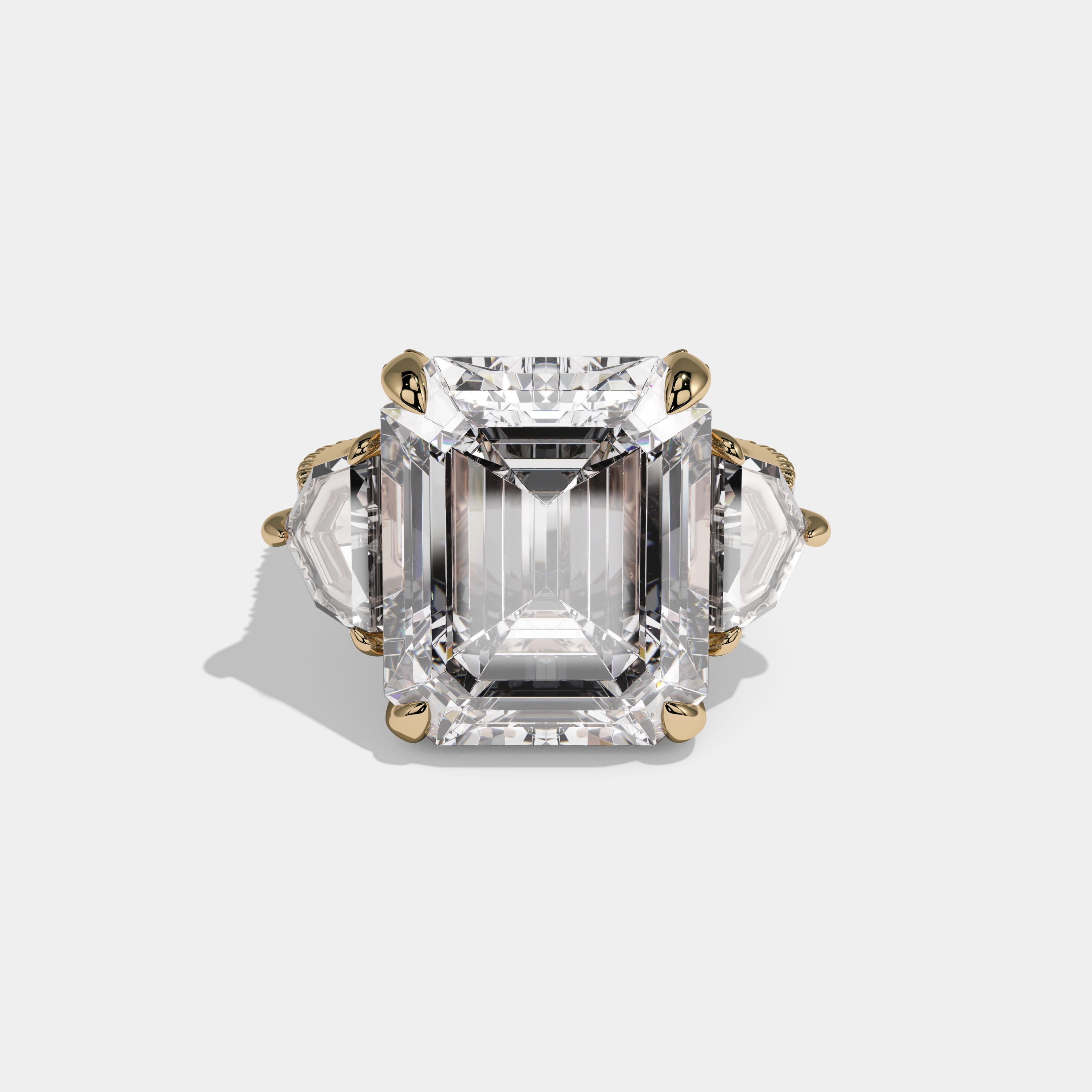 Victoria Emerald Cut Diamond Band With Pentagon Halo Sides Engagement Ring 10ct 18k Yellow Gold