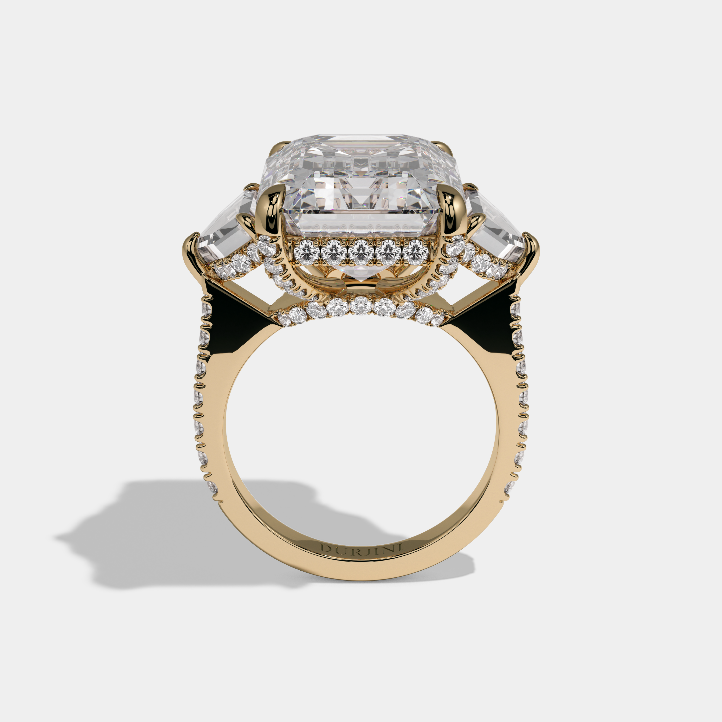 Victoria Emerald Cut Diamond Band With Pentagon Halo Sides Engagement Ring 10ct 18k Yellow Gold