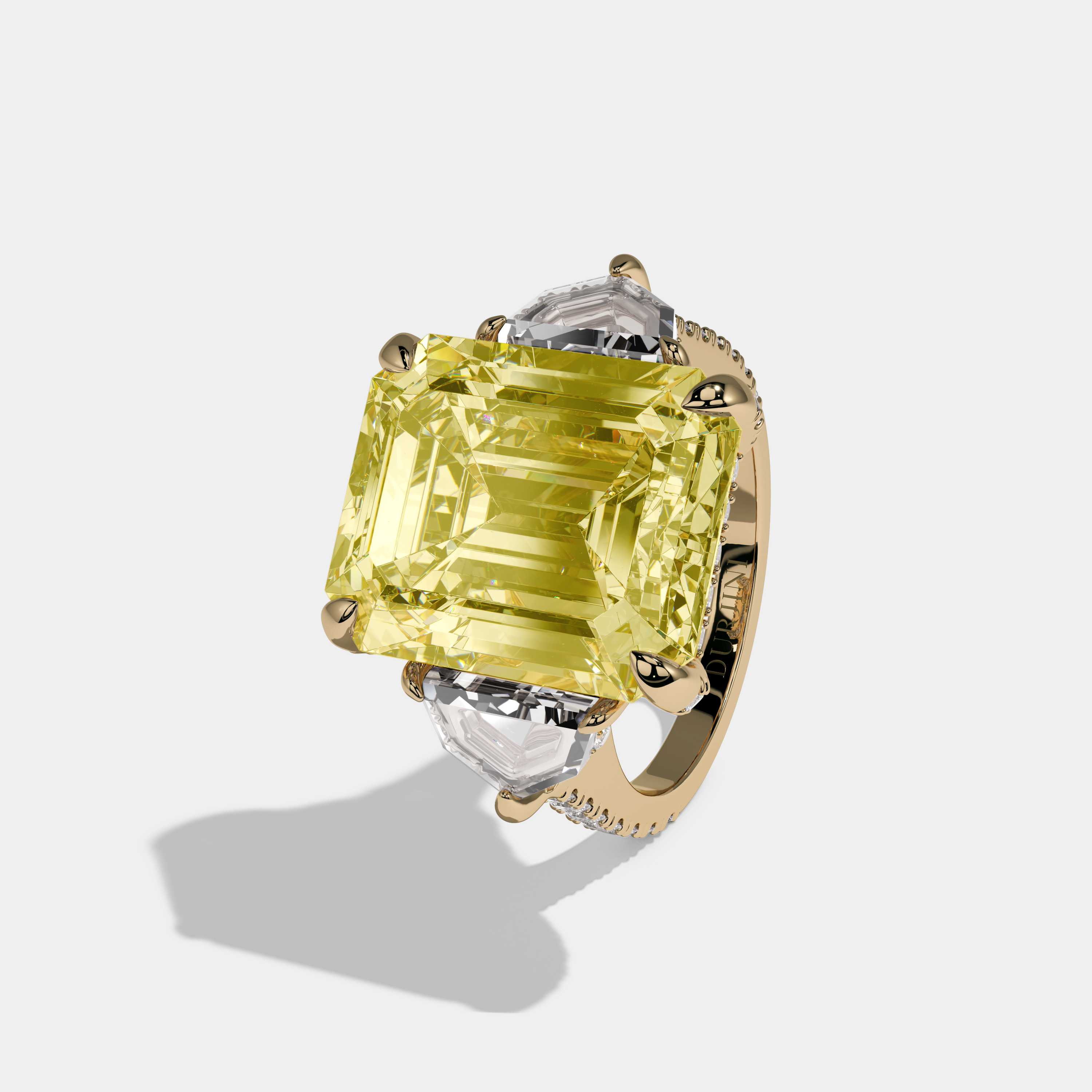 Charlotte Fancy Yellow Emerald Cut Diamond Band With Pentagon Halo Sides Engagement Ring 10ct 18k Yellow Gold