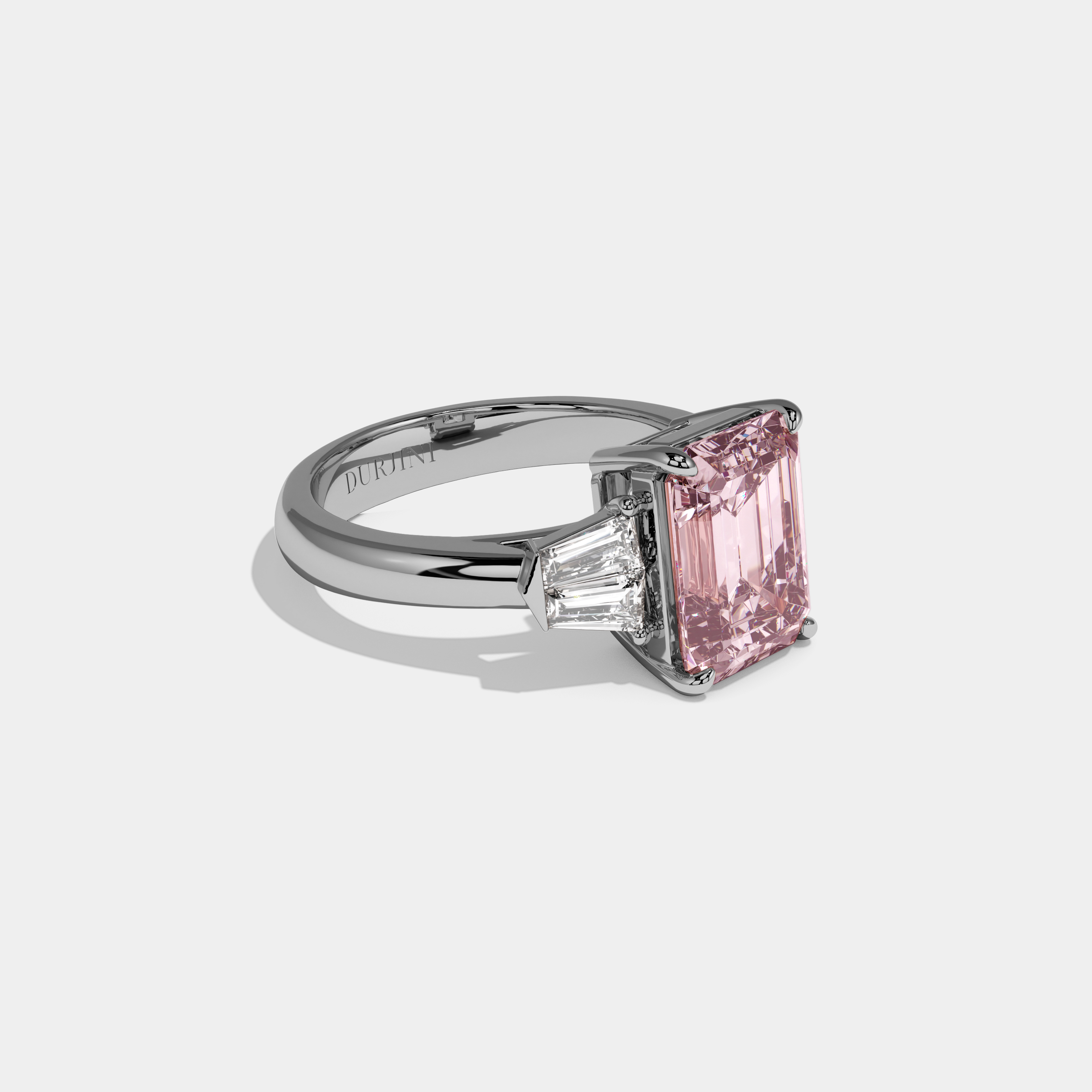 Beatrice Fancy Pink Emerald Cut Diamond Plain Band With Baguette Sides Engagement Ring 6ct 18K White Gold
