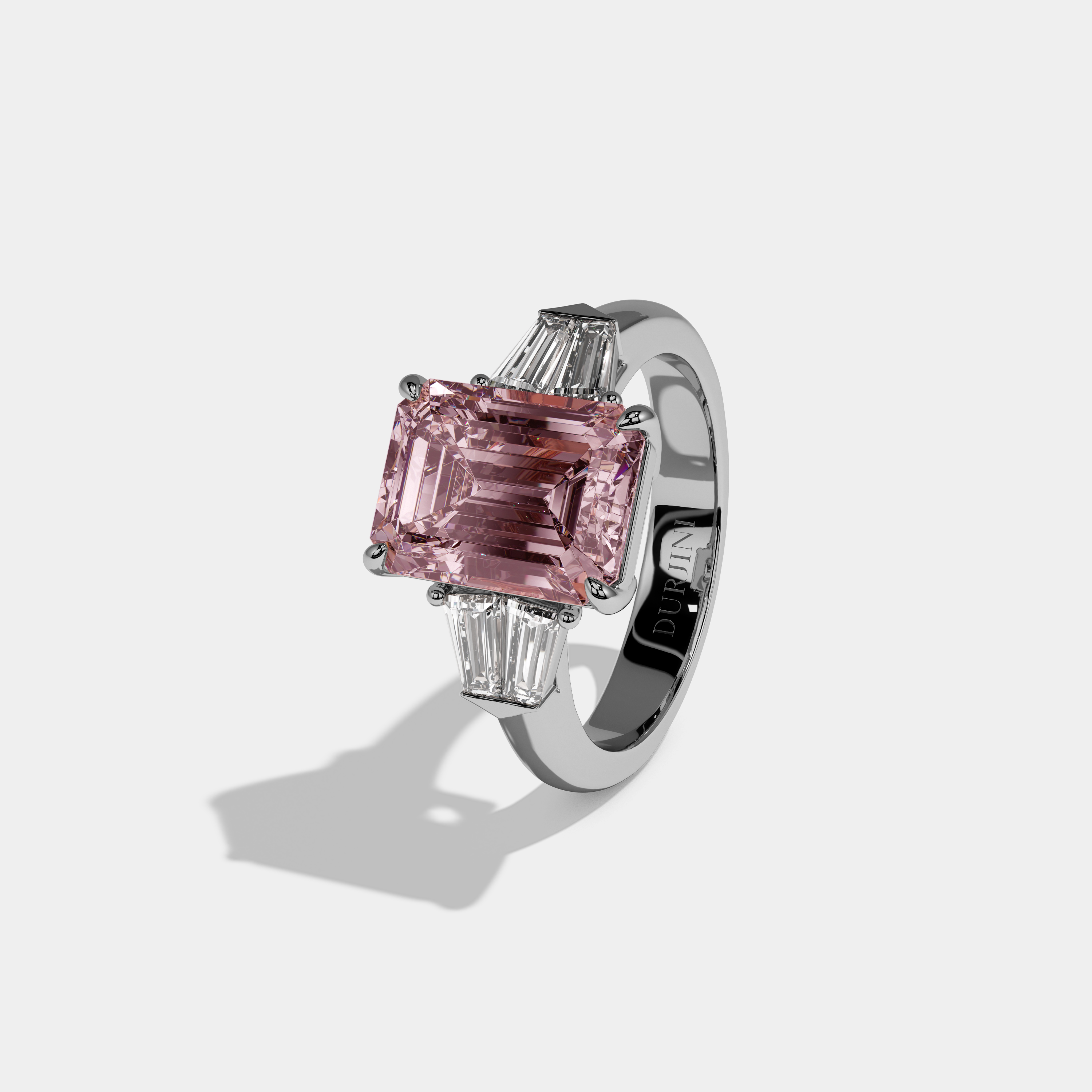 Beatrice Fancy Pink Emerald Cut Diamond Plain Band With Baguette Sides Engagement Ring 6ct 18K White Gold