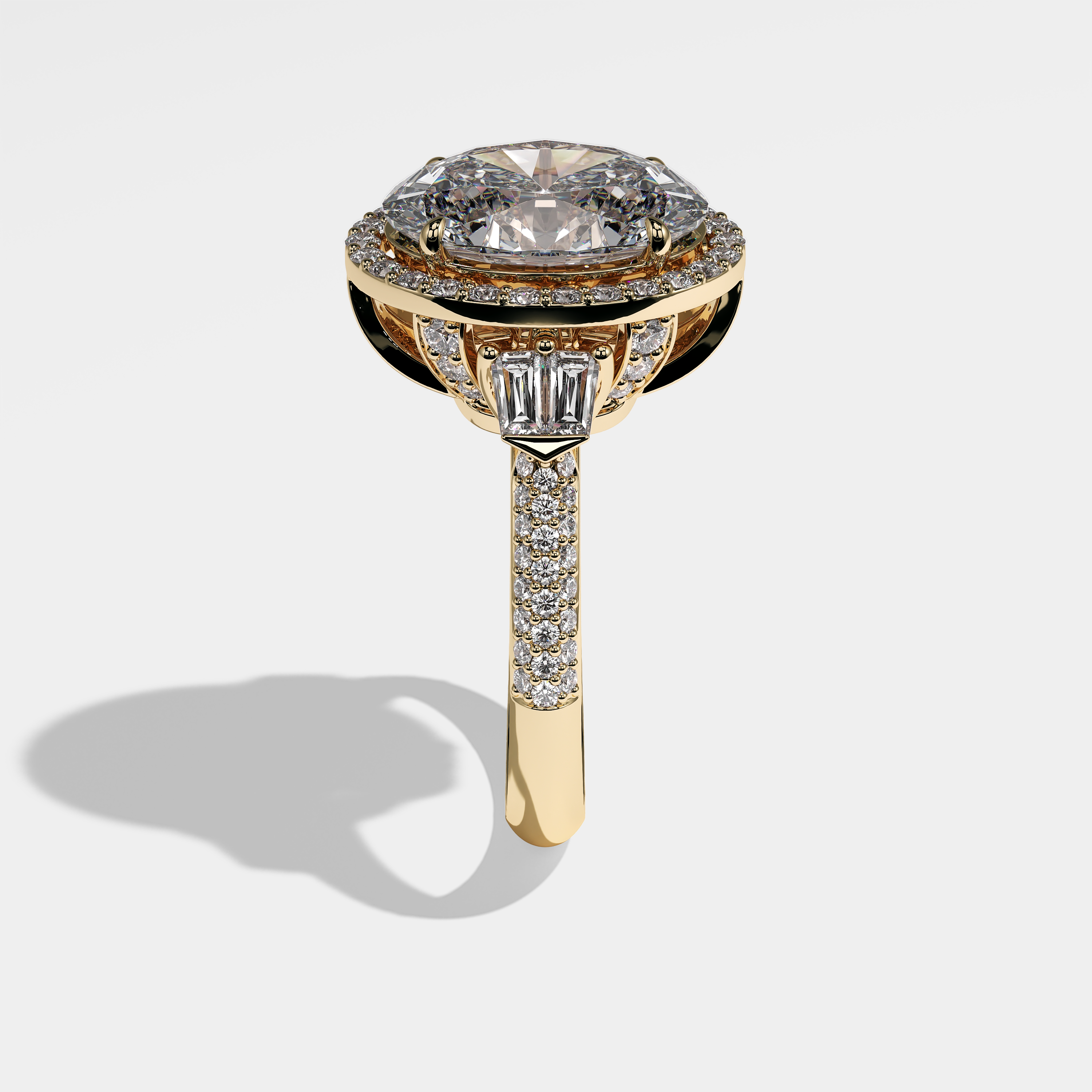 Lindsey oval halo diamond engagement ring in 18K yellow gold by Kurbãni Durjini, side view