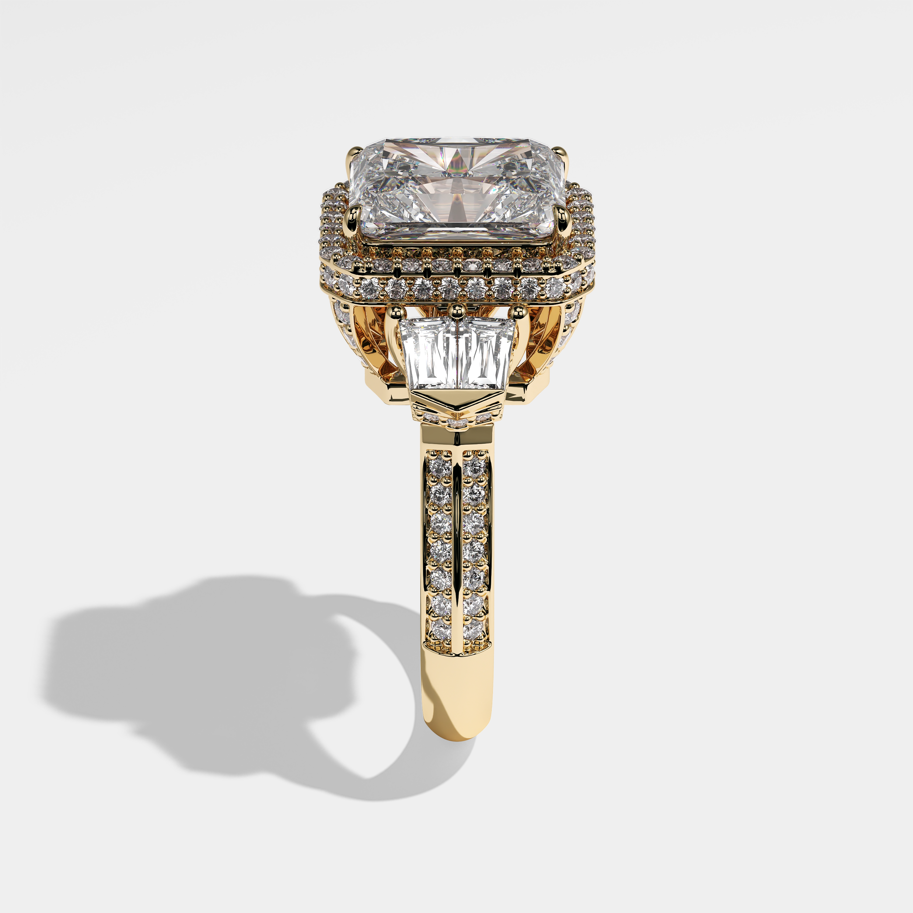 Ophelia radiant halo diamond engagement ring in 18K yellow gold by Kurbãni Durjini, side view