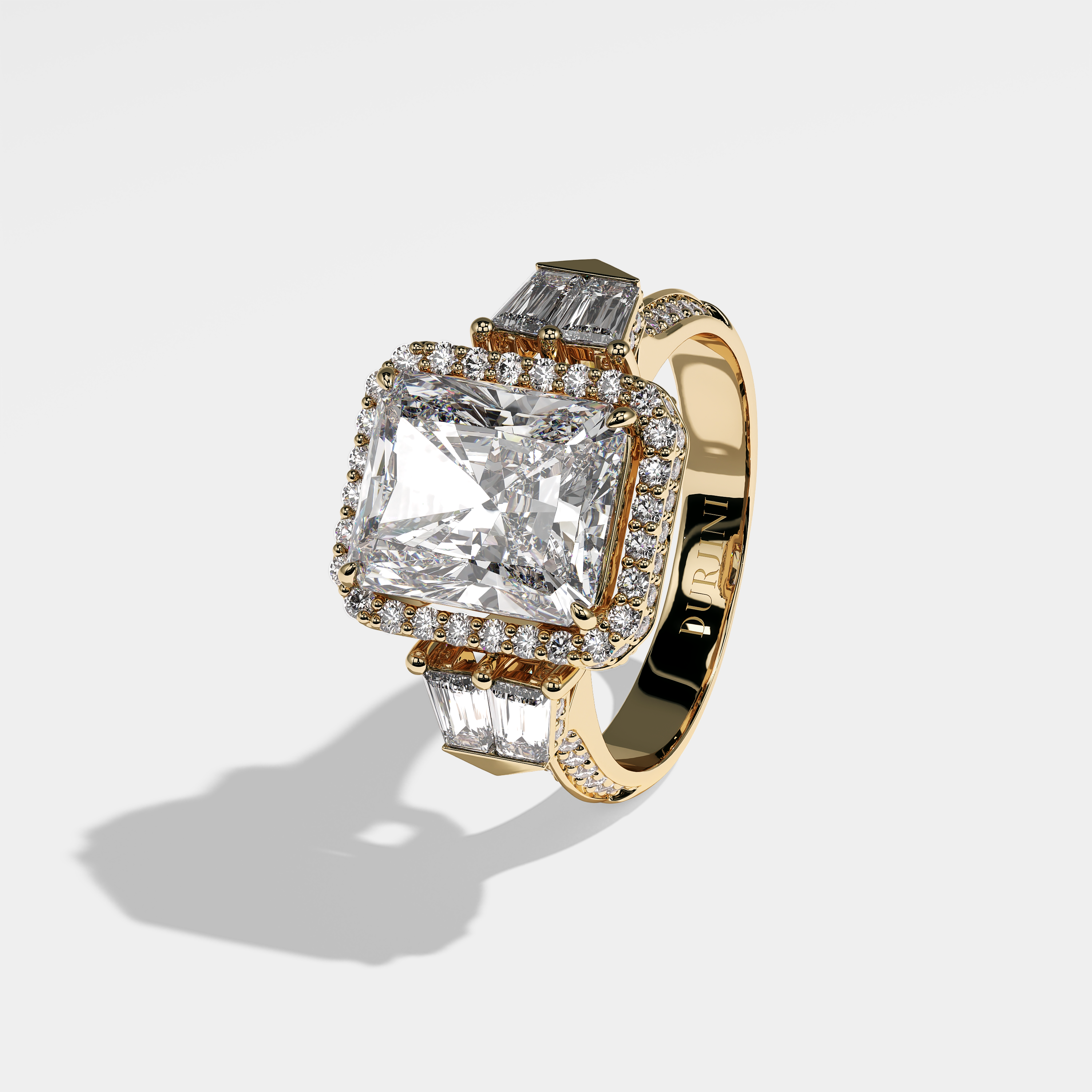 Ophelia radiant halo diamond engagement ring in 18K yellow gold by Kurbãni Durjini, left view