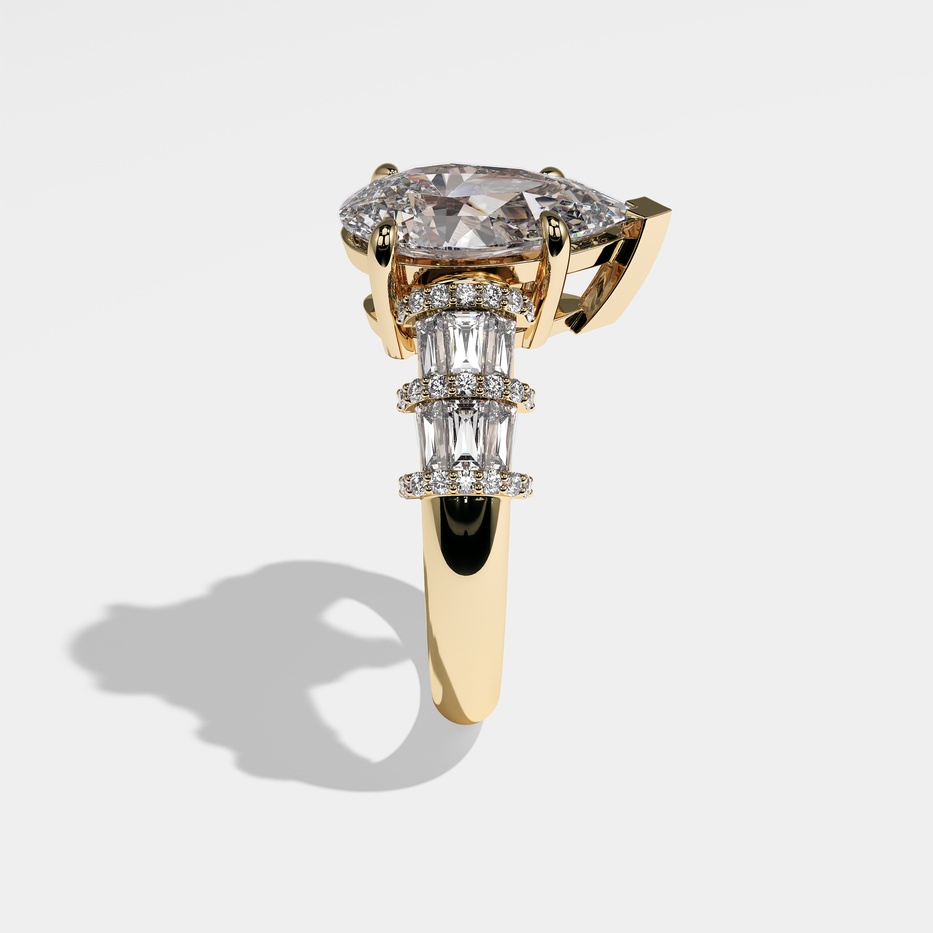 Annalise pear diamond engagement ring in 18K yellow gold by Kurbãni Durjini, side view