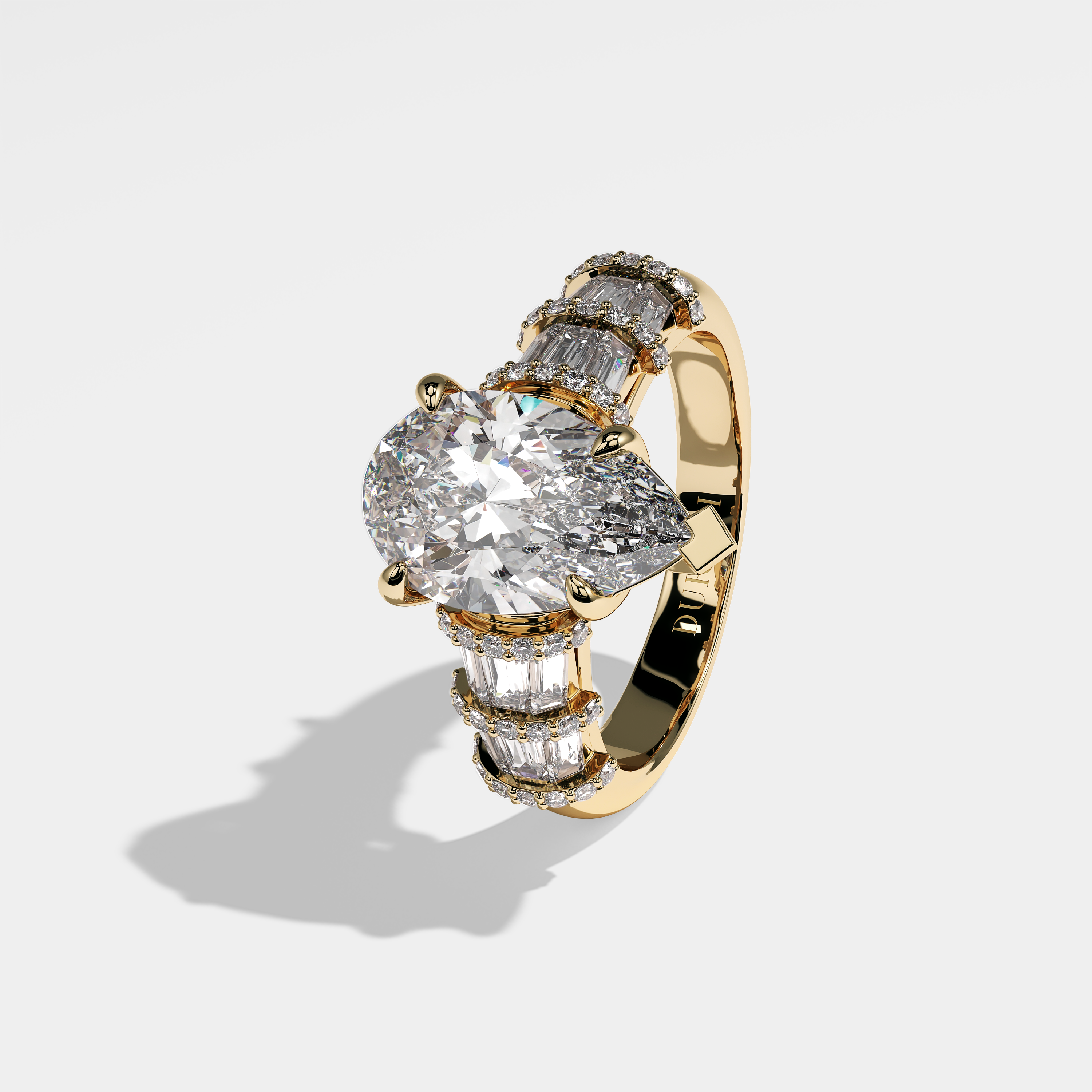 Annalise pear diamond engagement ring in 18K yellow gold by Kurbãni Durjini, left view