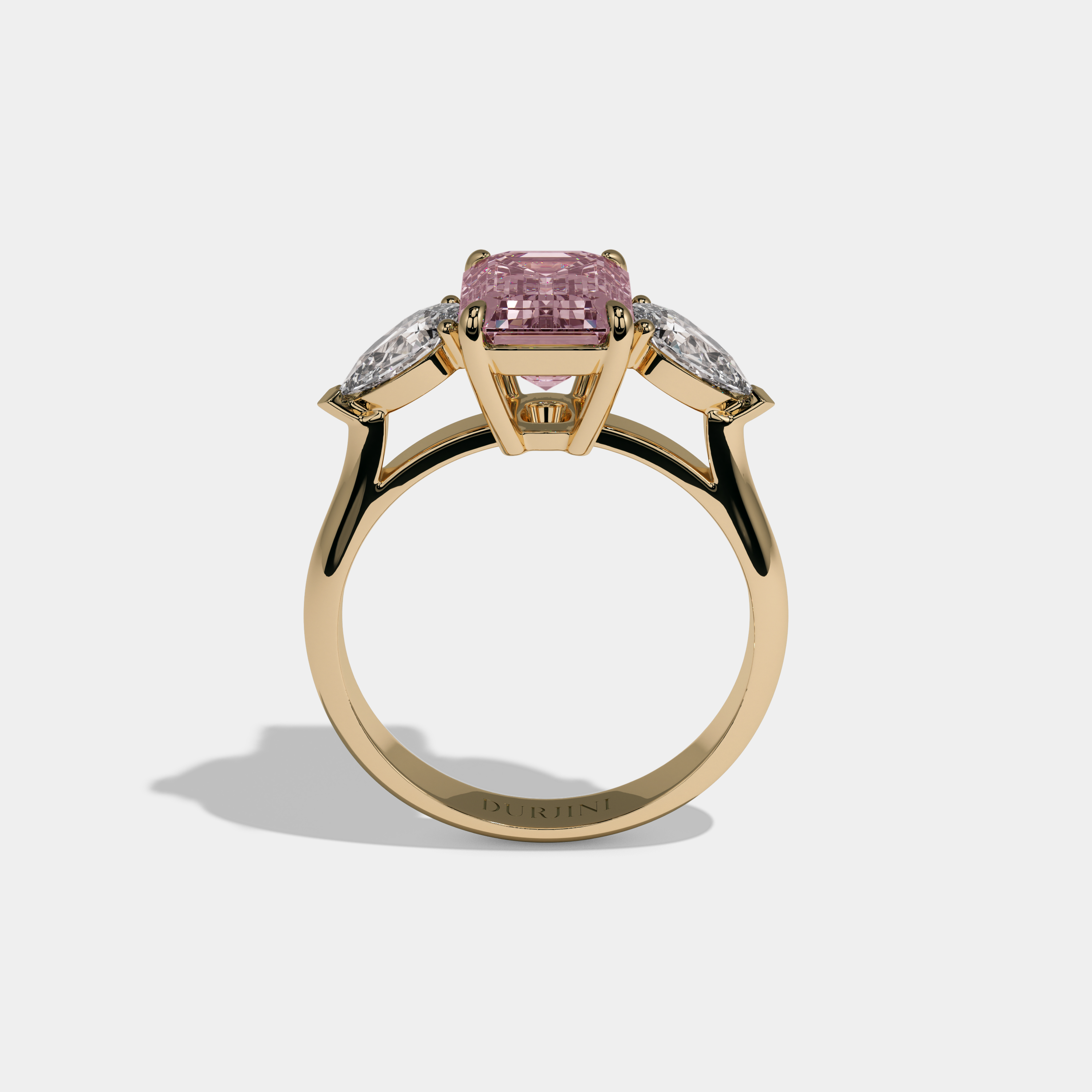 Evangeline Fancy Pink Emerald Cut Diamond Plain Band With Pear Cut Sides Engagement Ring 6ct 18K Yellow Gold