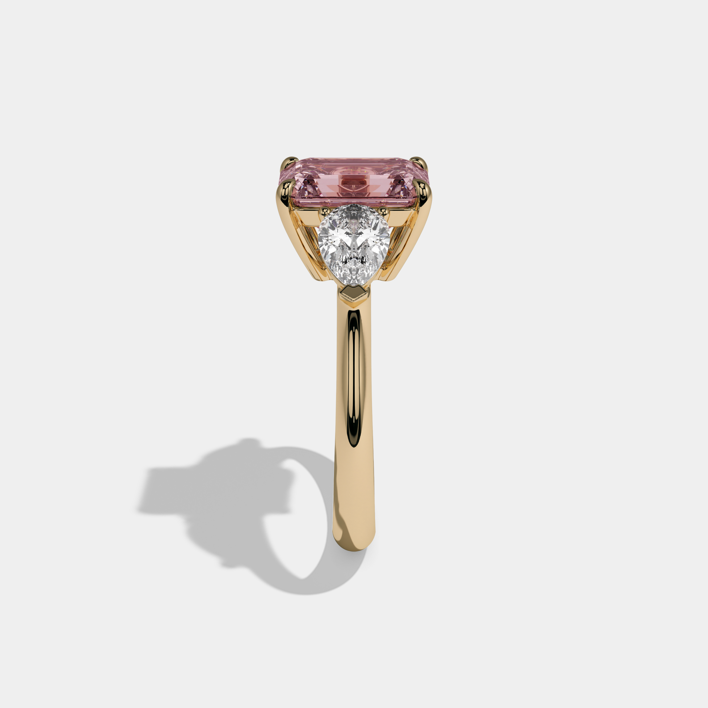Evangeline Fancy Pink Emerald Cut Diamond Plain Band With Pear Cut Sides Engagement Ring 6ct 18K Yellow Gold