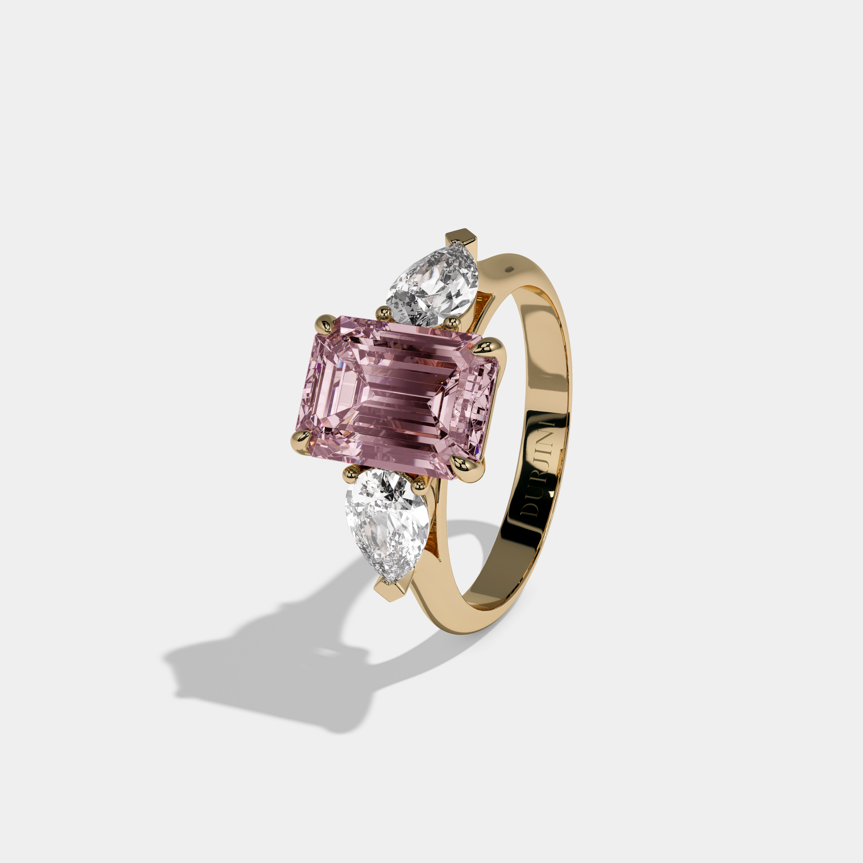 Evangeline Fancy Pink Emerald Cut Diamond Plain Band With Pear Cut Sides Engagement Ring 6ct 18K Yellow Gold