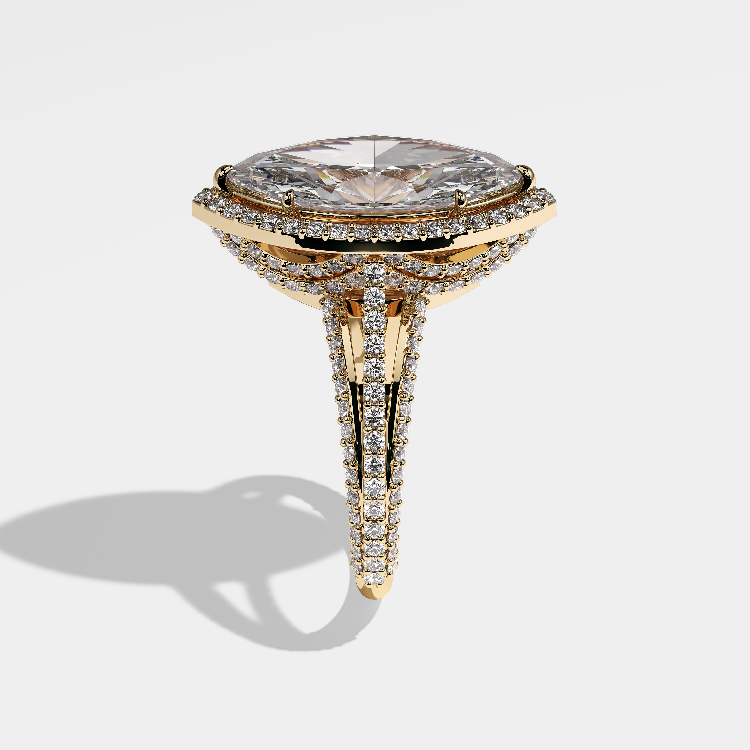 Florence marquise halo diamond engagement ring in 18K yellow gold by Kurbãni Durjini, side view