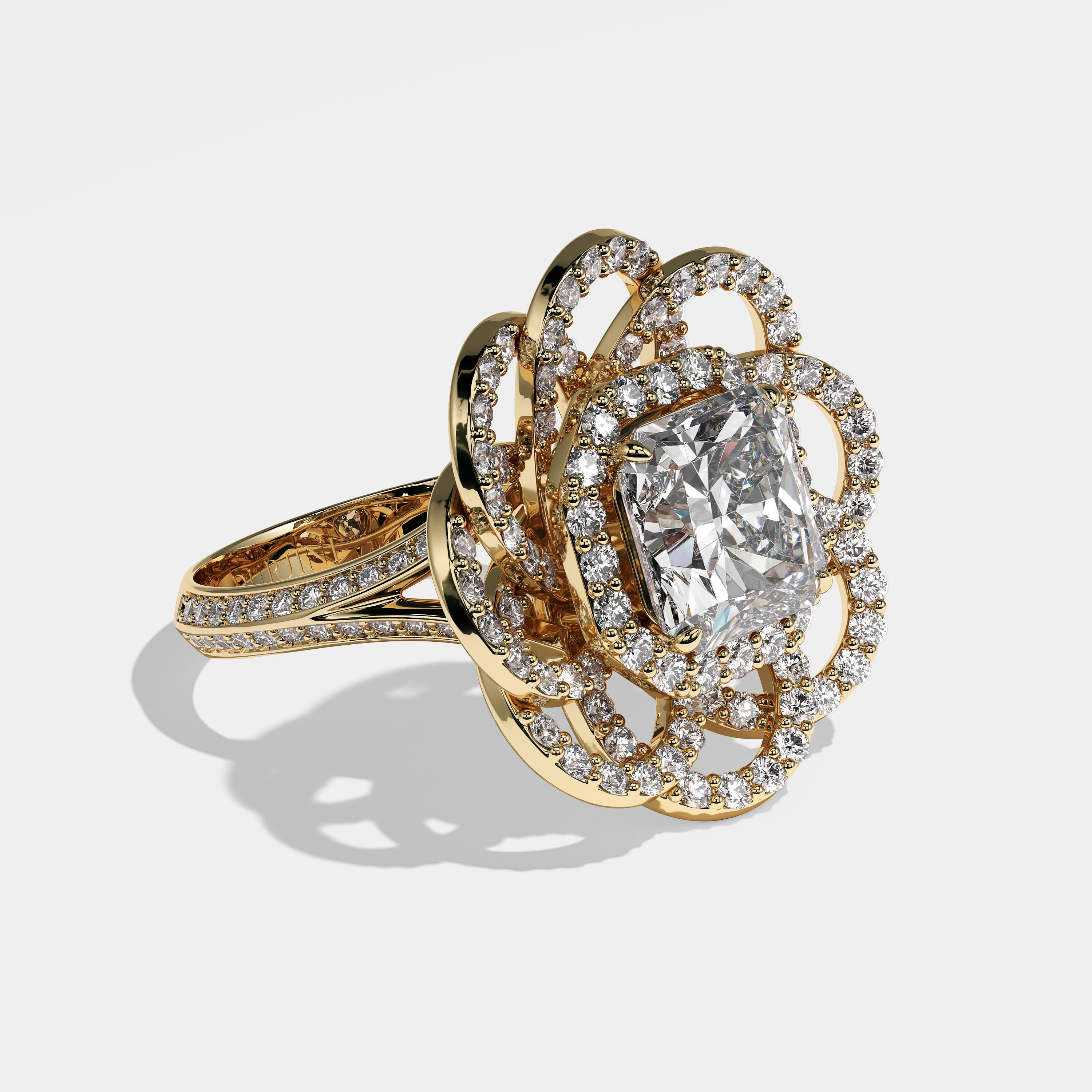 Lizzie radiant halo diamond engagement ring in 18K yellow gold by Kurbãni Durjini, right view