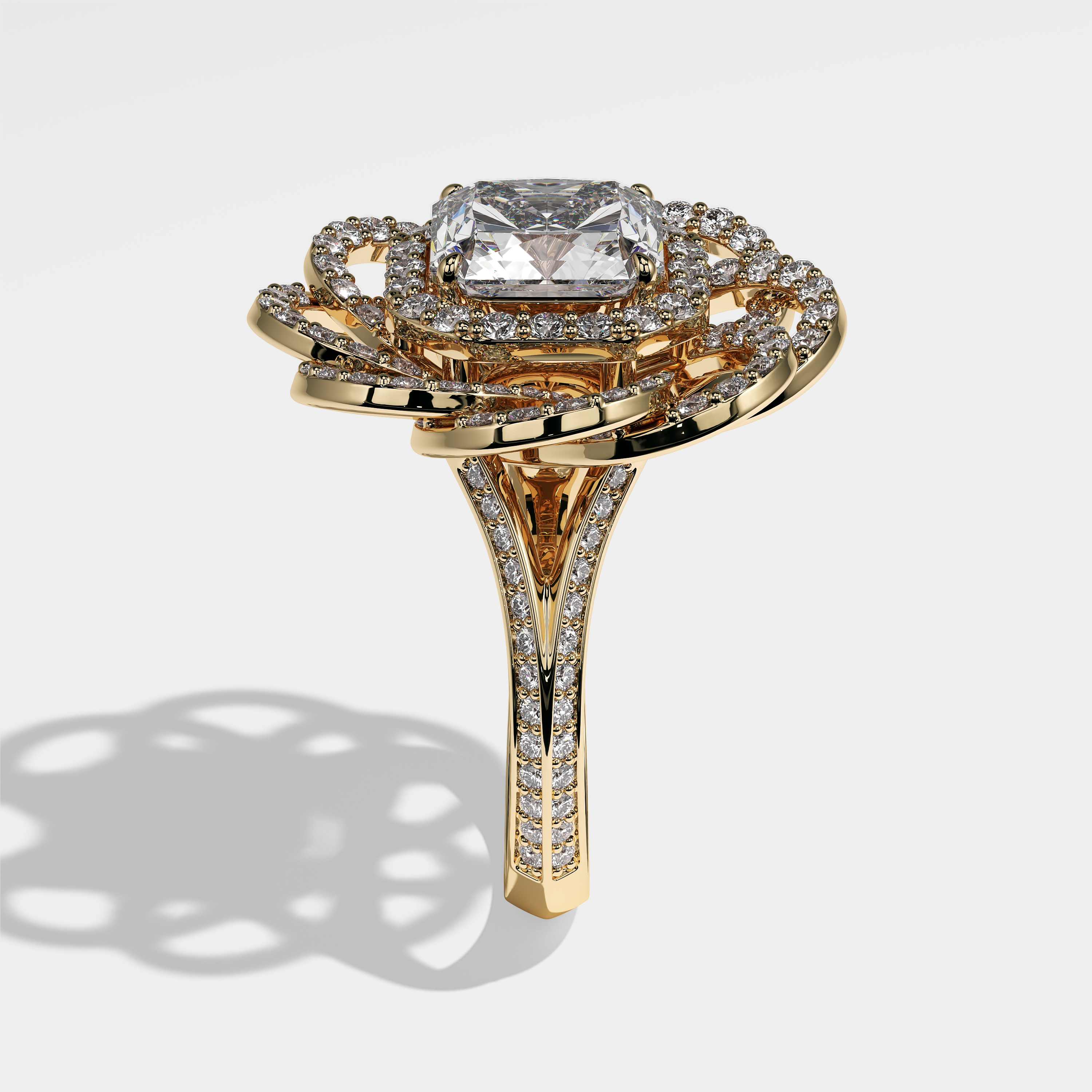 Lizzie radiant halo diamond engagement ring in 18K yellow gold by Kurbãni Durjini, side view