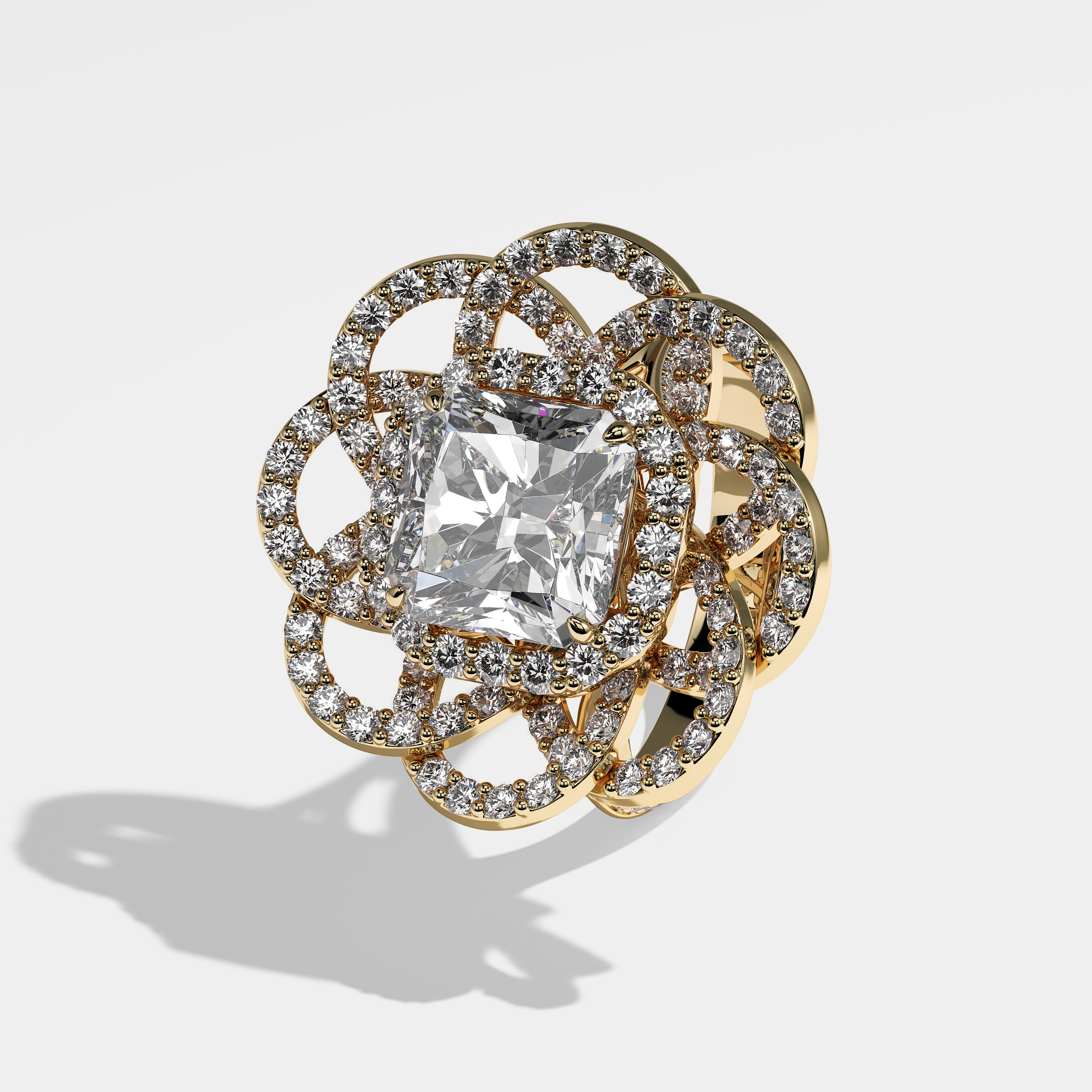 Lizzie radiant halo diamond engagement ring in 18K yellow gold by Kurbãni Durjini, left view