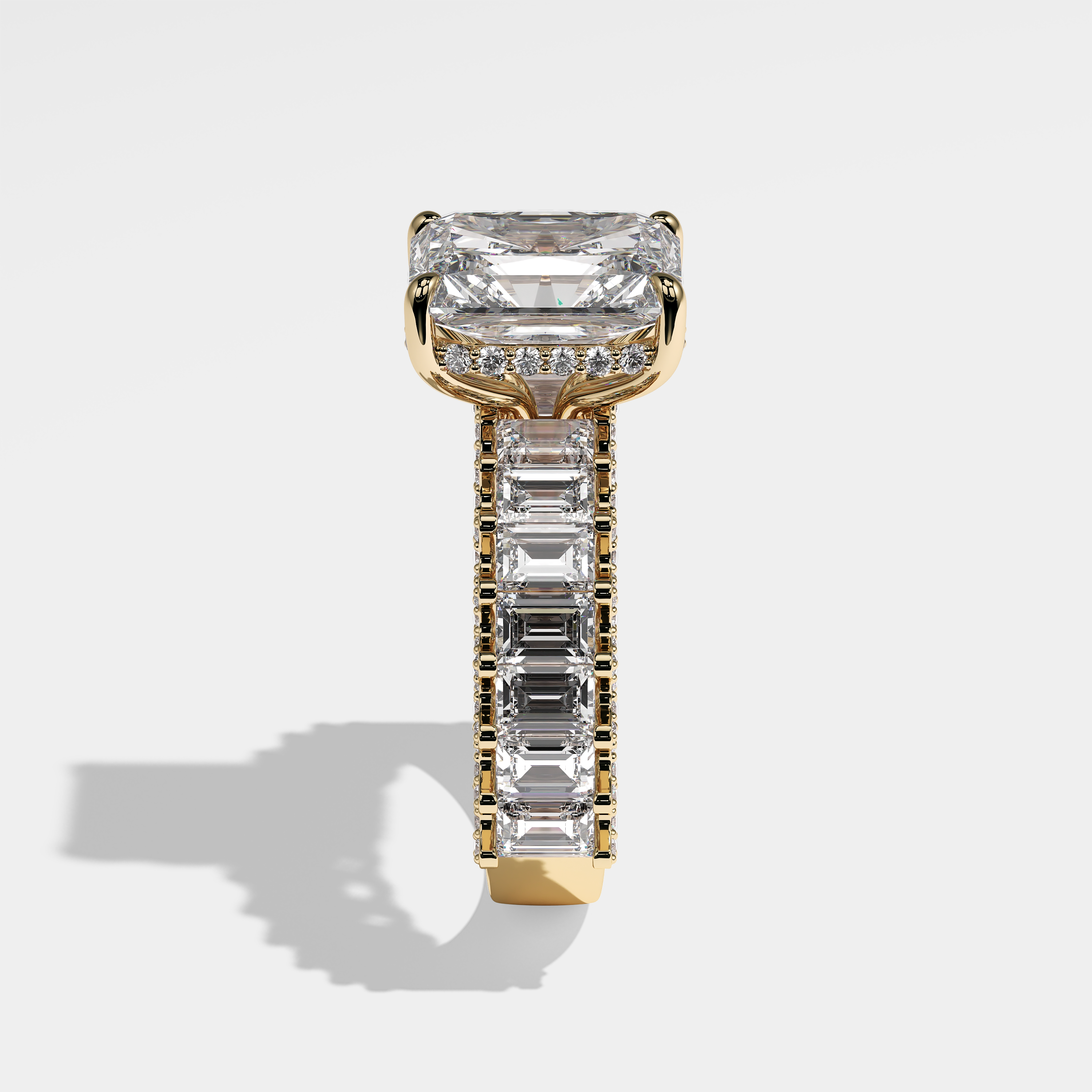Fairy radiant halo diamond engagement ring in 18K yellow gold by Kurbãni Durjini, side view