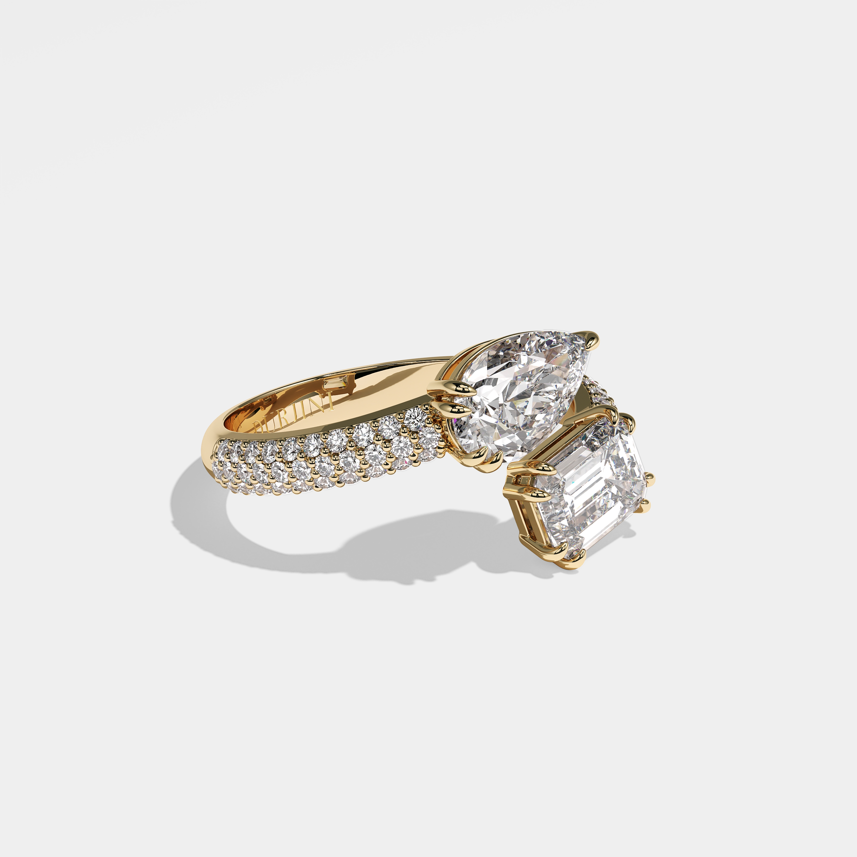 Mystery pear diamond engagement ring in 18K yellow gold by Kurbãni Durjini, right view
