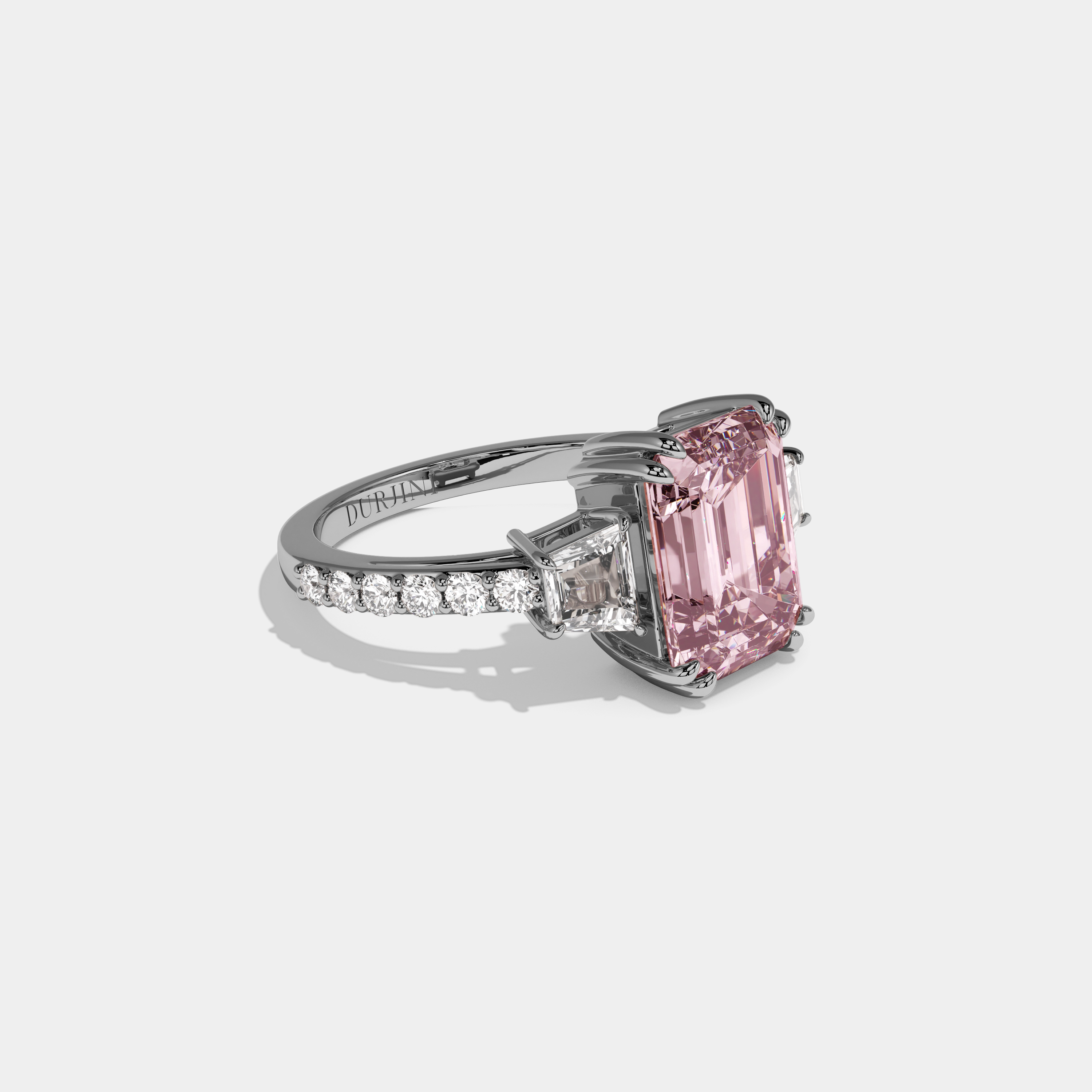 Arabella Fancy Pink Emerald Cut Diamond Band With Step Cut Sides Engagement Ring 7ct 18K White Gold
