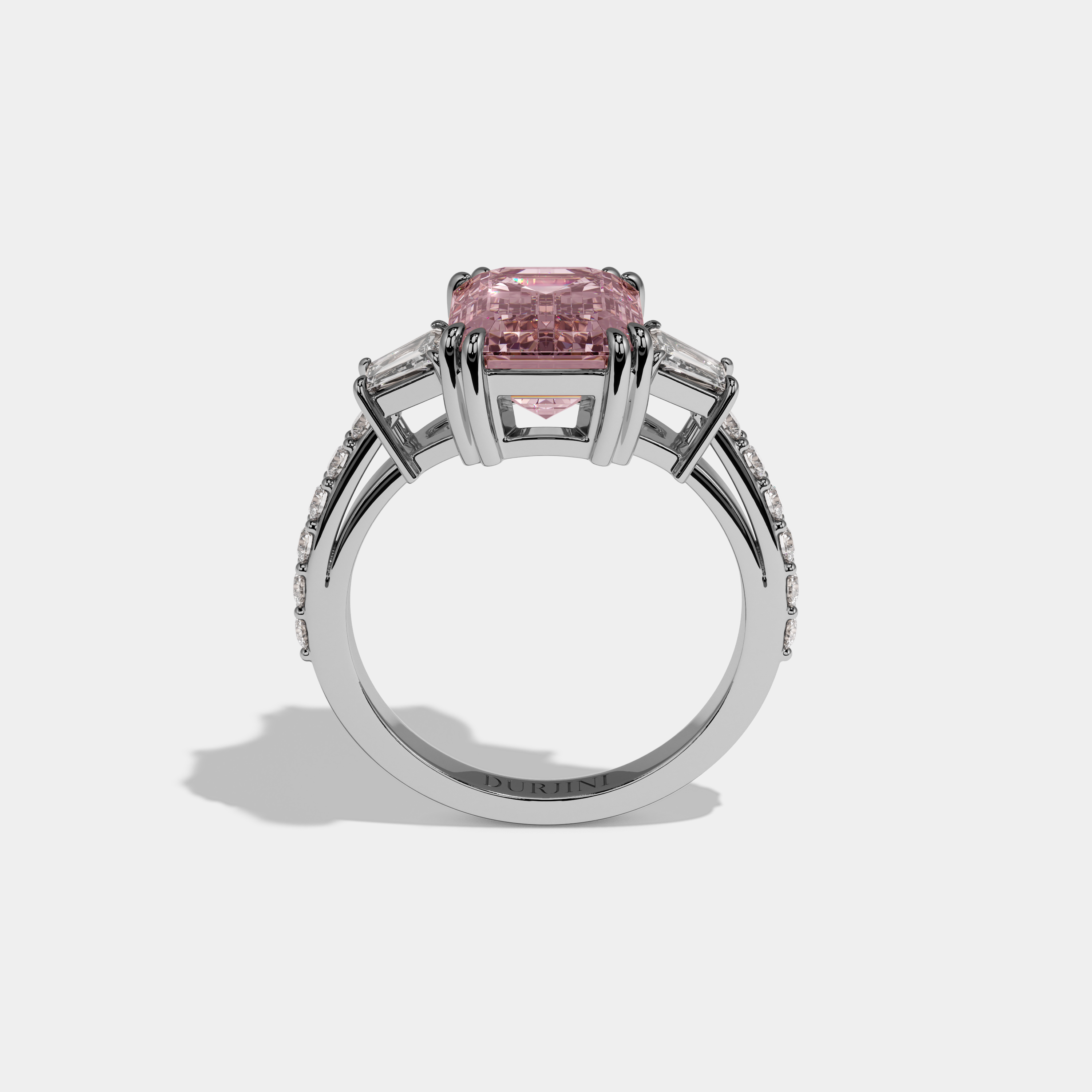 Arabella Fancy Pink Emerald Cut Diamond Band With Step Cut Sides Engagement Ring 7ct 18K White Gold
