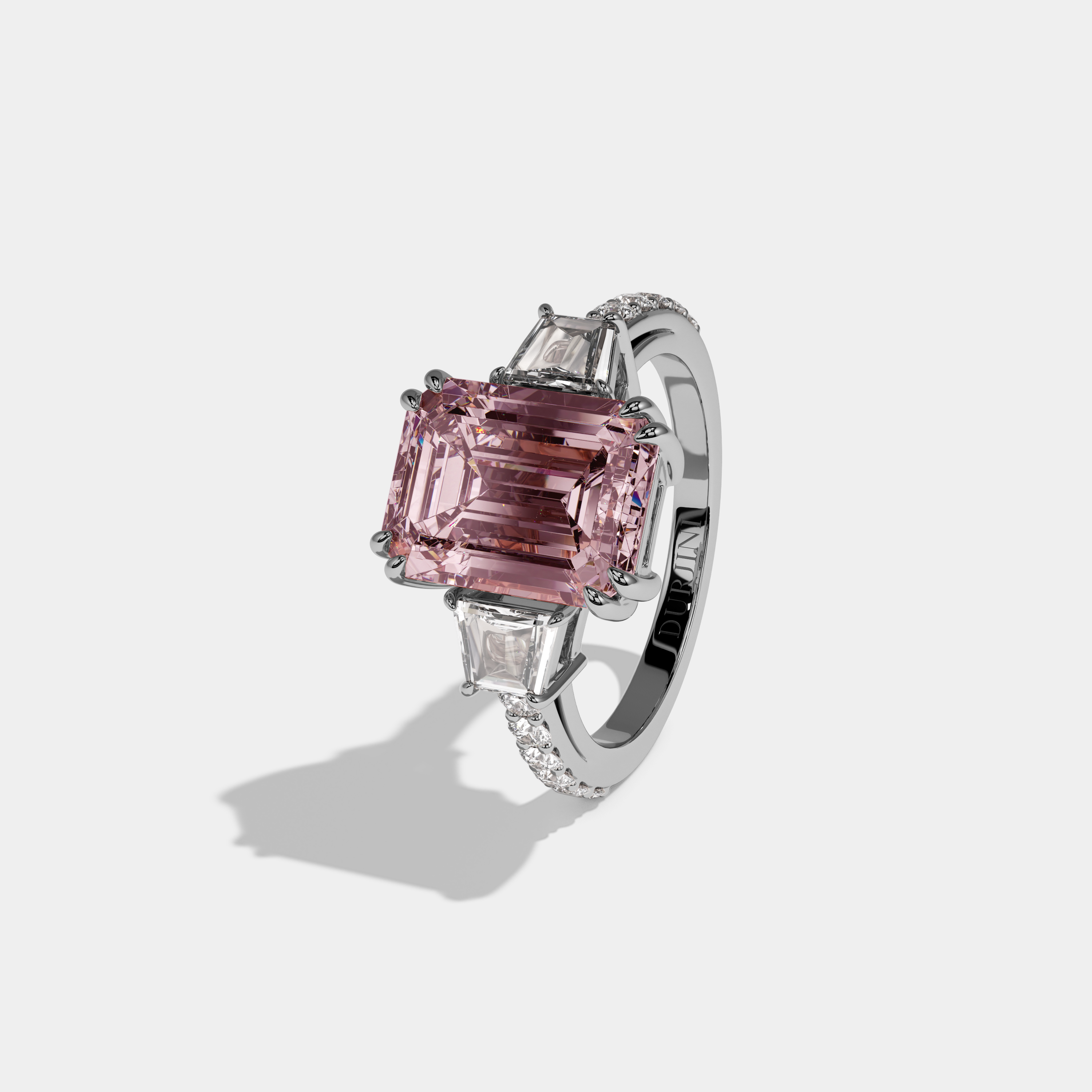 Arabella Fancy Pink Emerald Cut Diamond Band With Step Cut Sides Engagement Ring 7ct 18K White Gold