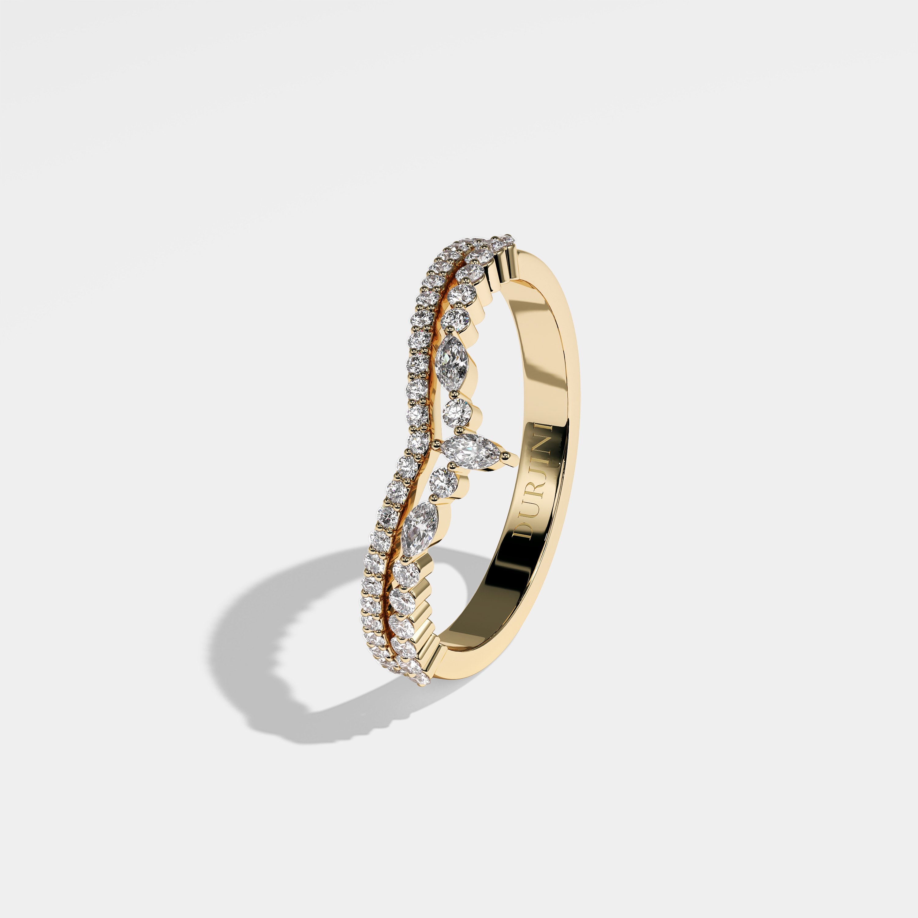 Noor round brilliant halo diamond engagement ring in 18K yellow gold by Kurbãni Durjini, left view