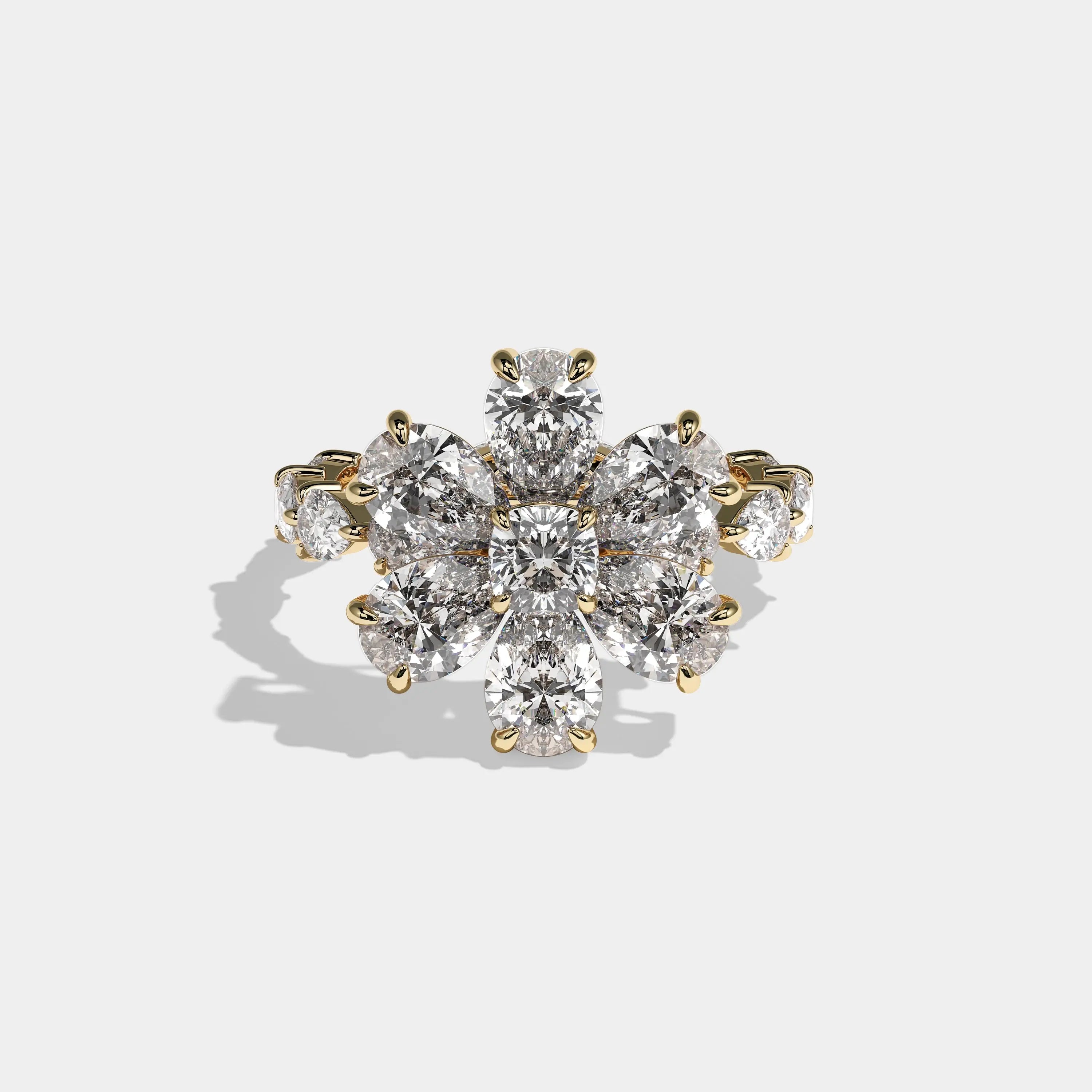 Element pear flower halo diamond engagement ring in 18K yellow gold by Kurbãni Durjini, front view