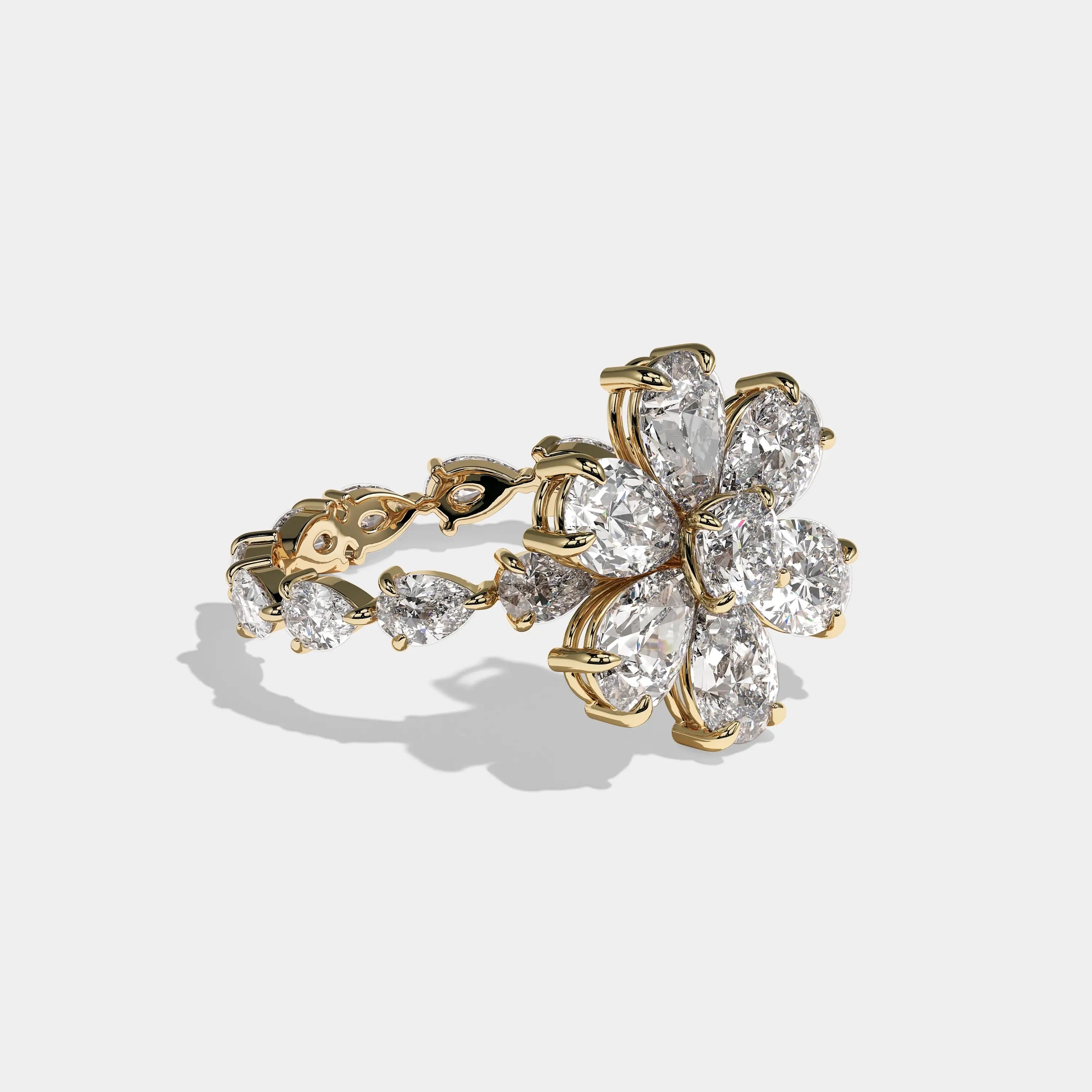 Element pear flower halo diamond engagement ring in 18K yellow gold by Kurbãni Durjini, right view