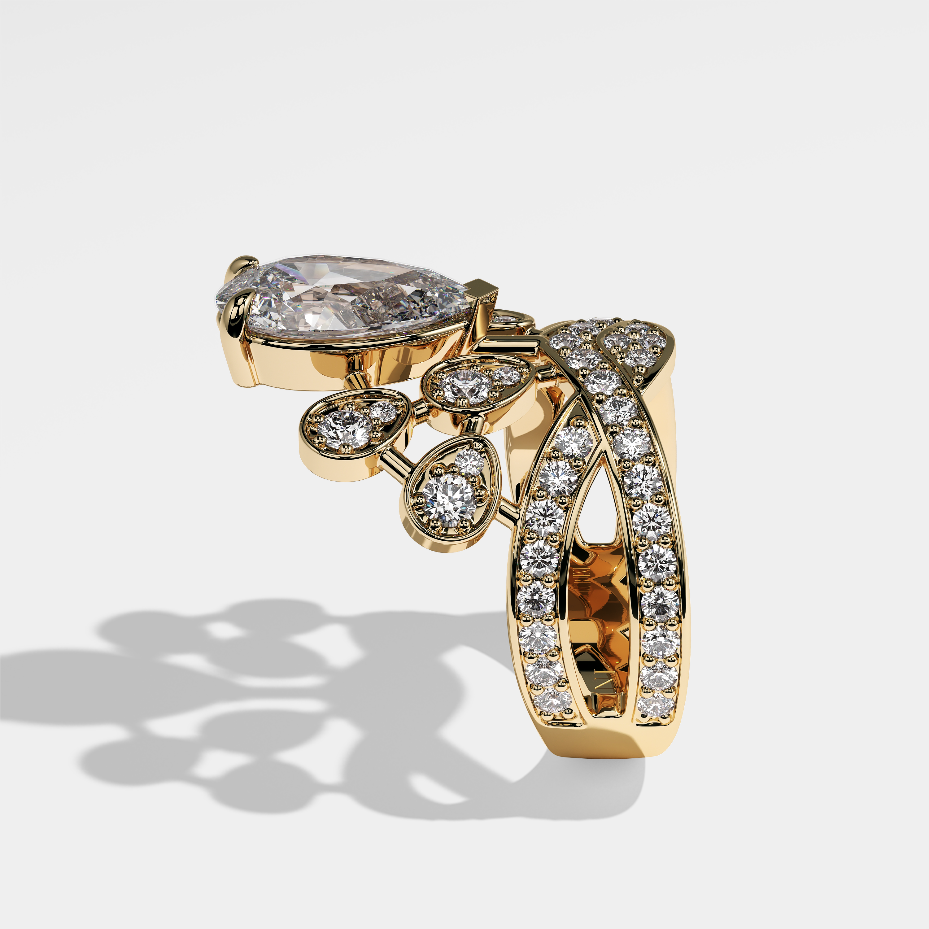Grace pear diamond engagement ring in 18K yellow gold by Kurbãni Durjini, side view